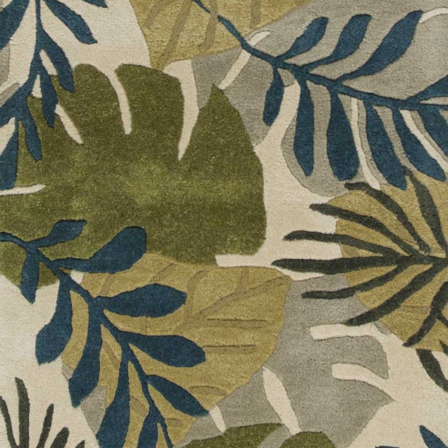 5' X 8' Ivory Green And Blue Wool Botanical Leaves Hand Tufted Area Rug-Area Rugs-DECOROLALA