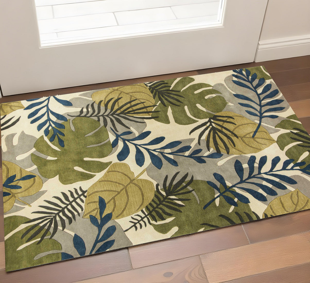 5' X 8' Ivory Green And Blue Wool Botanical Leaves Hand Tufted Area Rug-Area Rugs-DECOROLALA