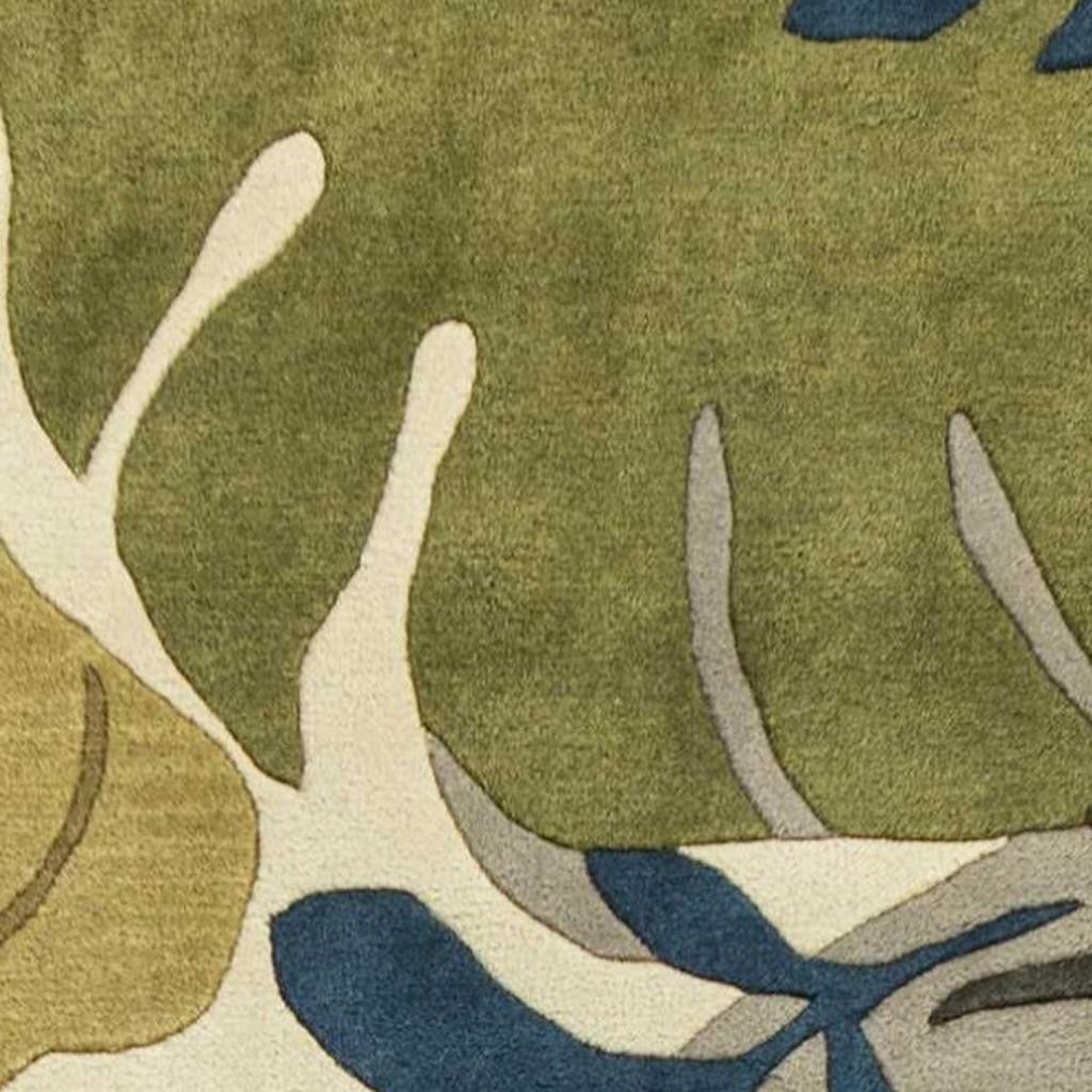 5' X 8' Ivory Green And Blue Wool Botanical Leaves Hand Tufted Area Rug-Area Rugs-DECOROLALA