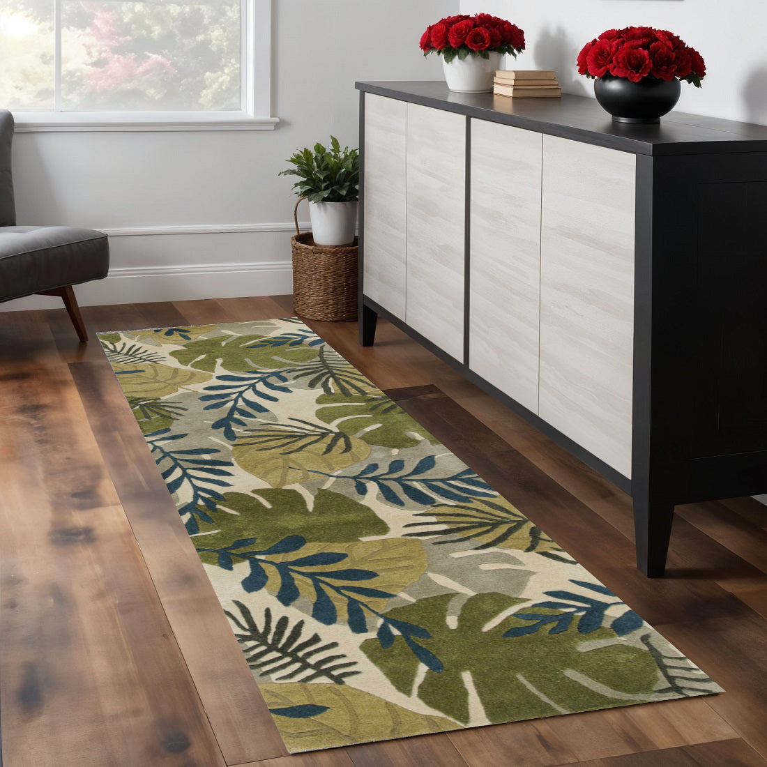 5' X 8' Ivory Green And Blue Wool Botanical Leaves Hand Tufted Area Rug-Area Rugs-DECOROLALA