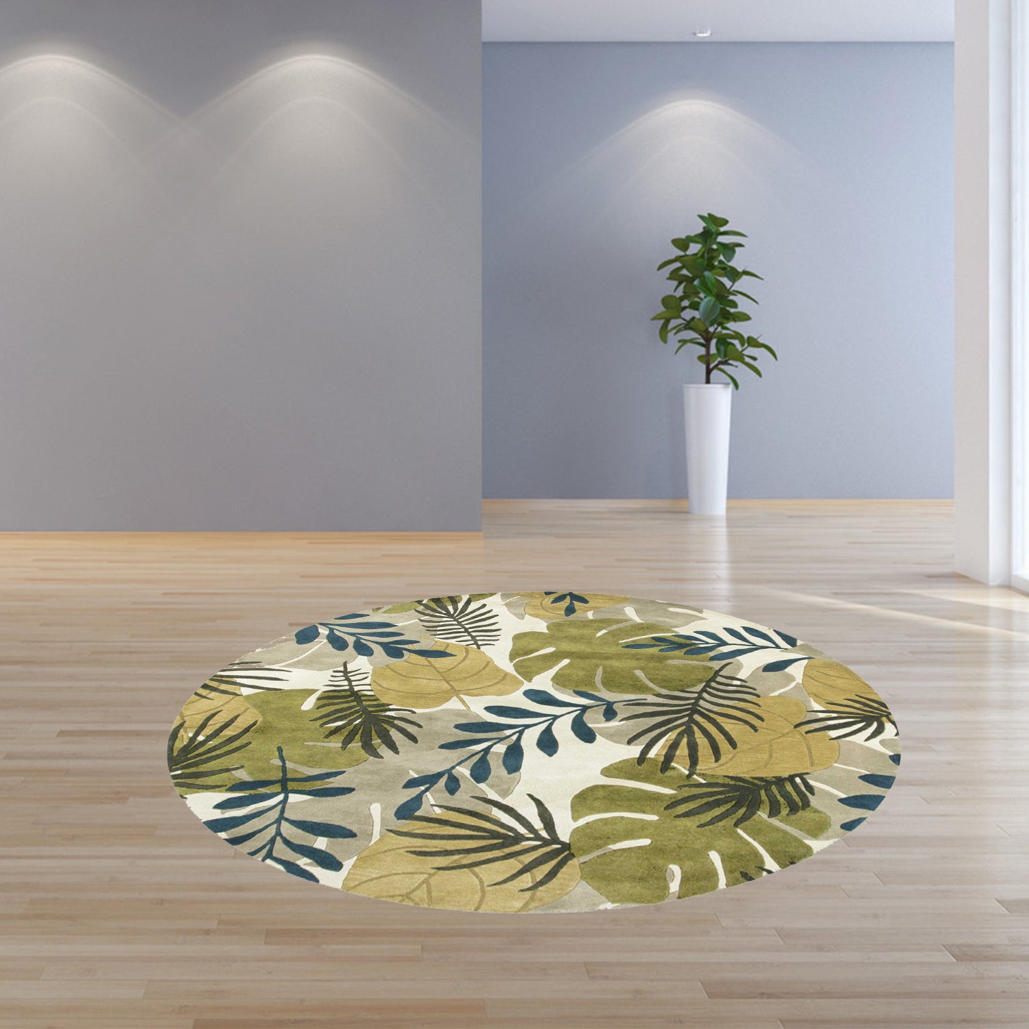 5' X 8' Ivory Green And Blue Wool Botanical Leaves Hand Tufted Area Rug-Area Rugs-DECOROLALA