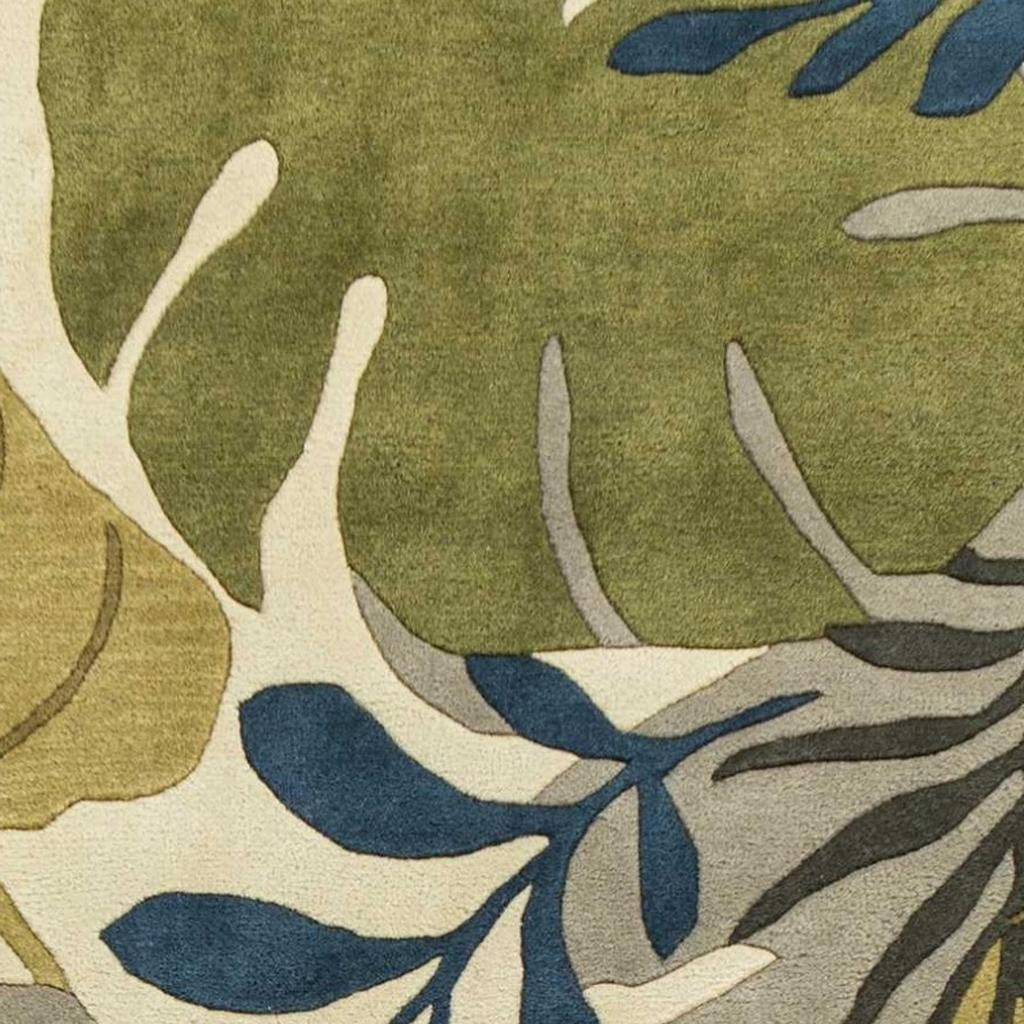 5' X 8' Ivory Green And Blue Wool Botanical Leaves Hand Tufted Area Rug-Area Rugs-DECOROLALA