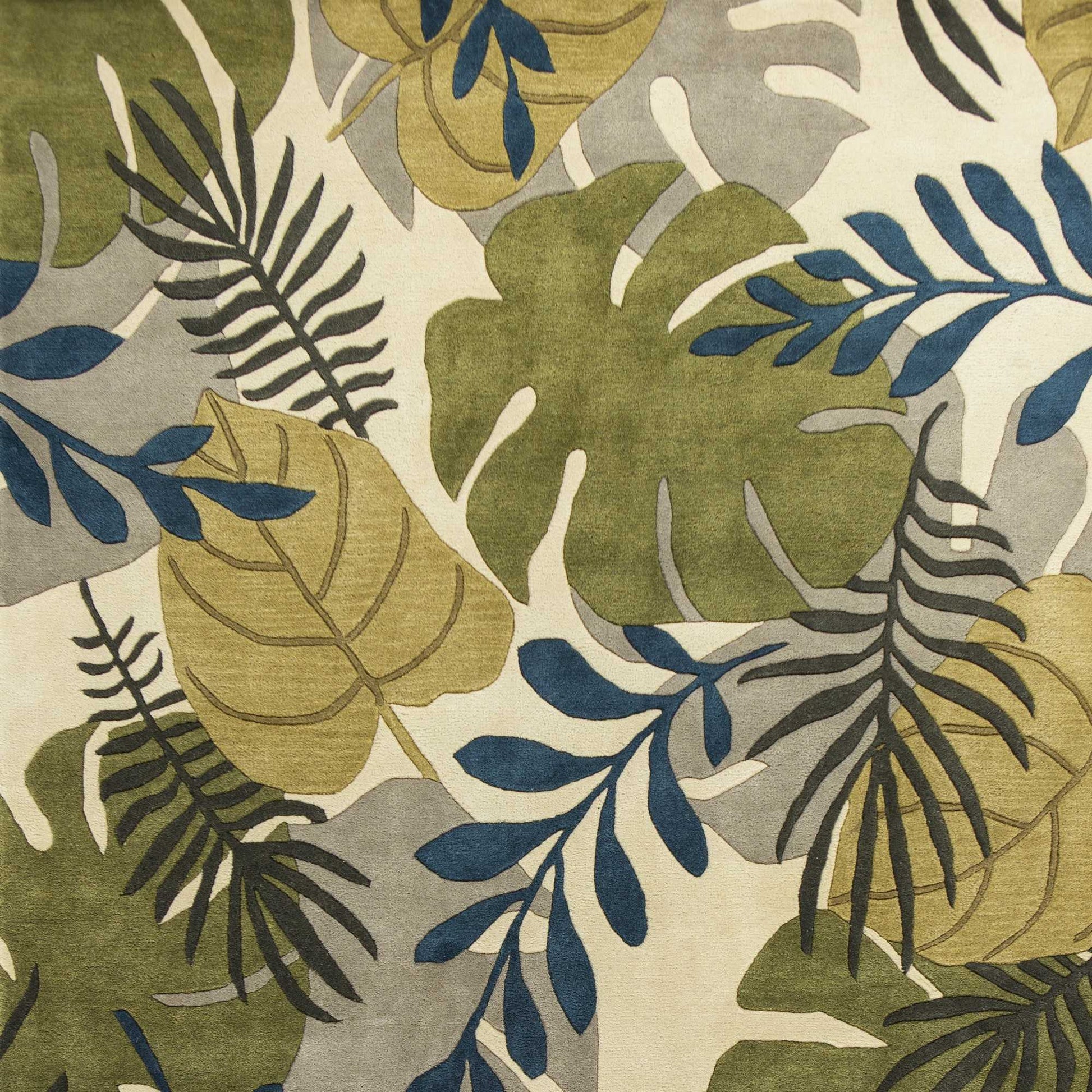 5' X 8' Ivory Green And Blue Wool Botanical Leaves Hand Tufted Area Rug-Area Rugs-DECOROLALA