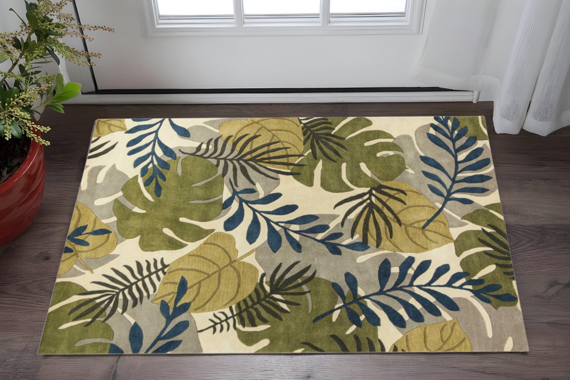 5' X 8' Ivory Green And Blue Wool Botanical Leaves Hand Tufted Area Rug-Area Rugs-DECOROLALA