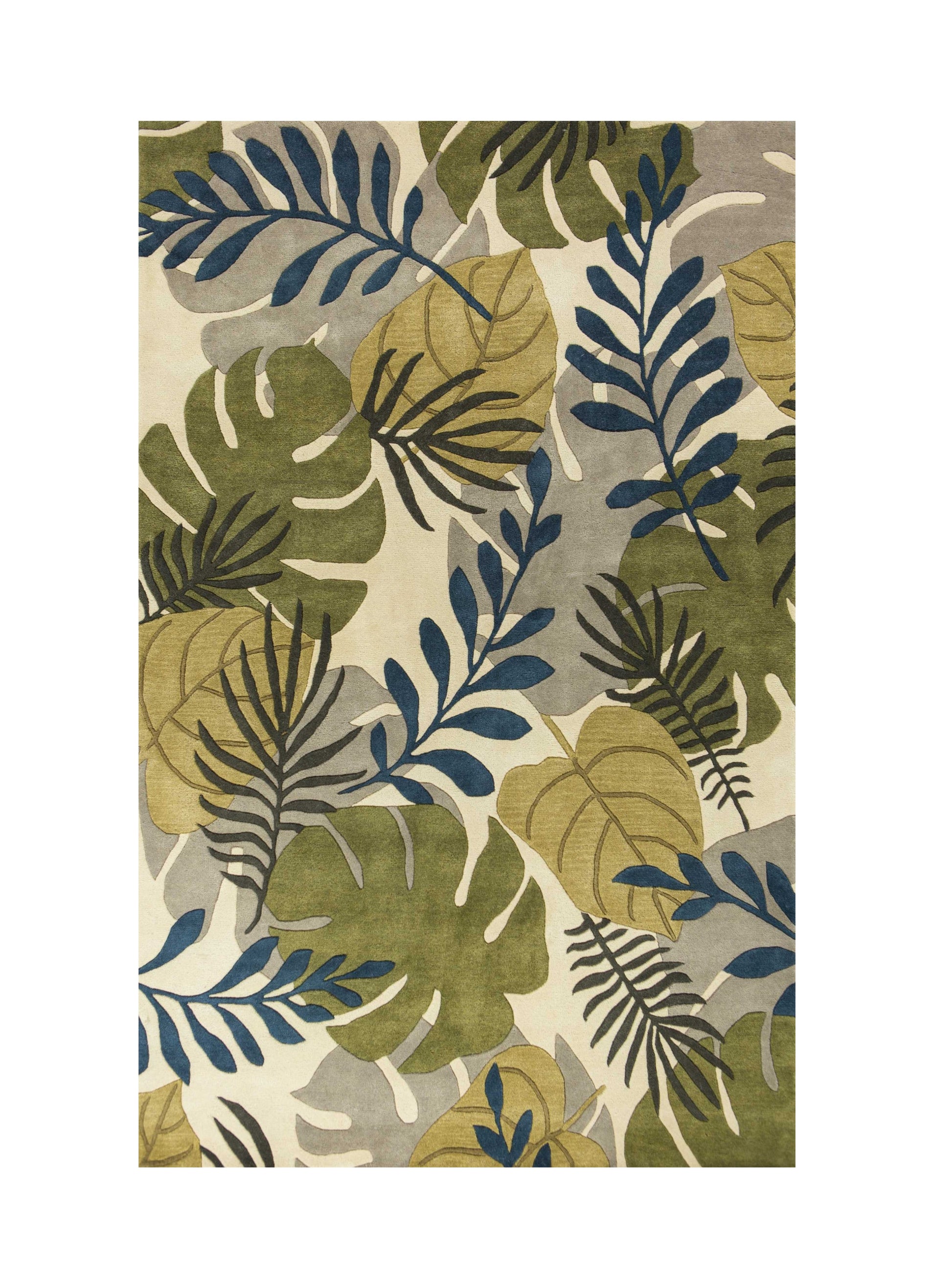 5' X 8' Ivory Green And Blue Wool Botanical Leaves Hand Tufted Area Rug-Area Rugs-DECOROLALA