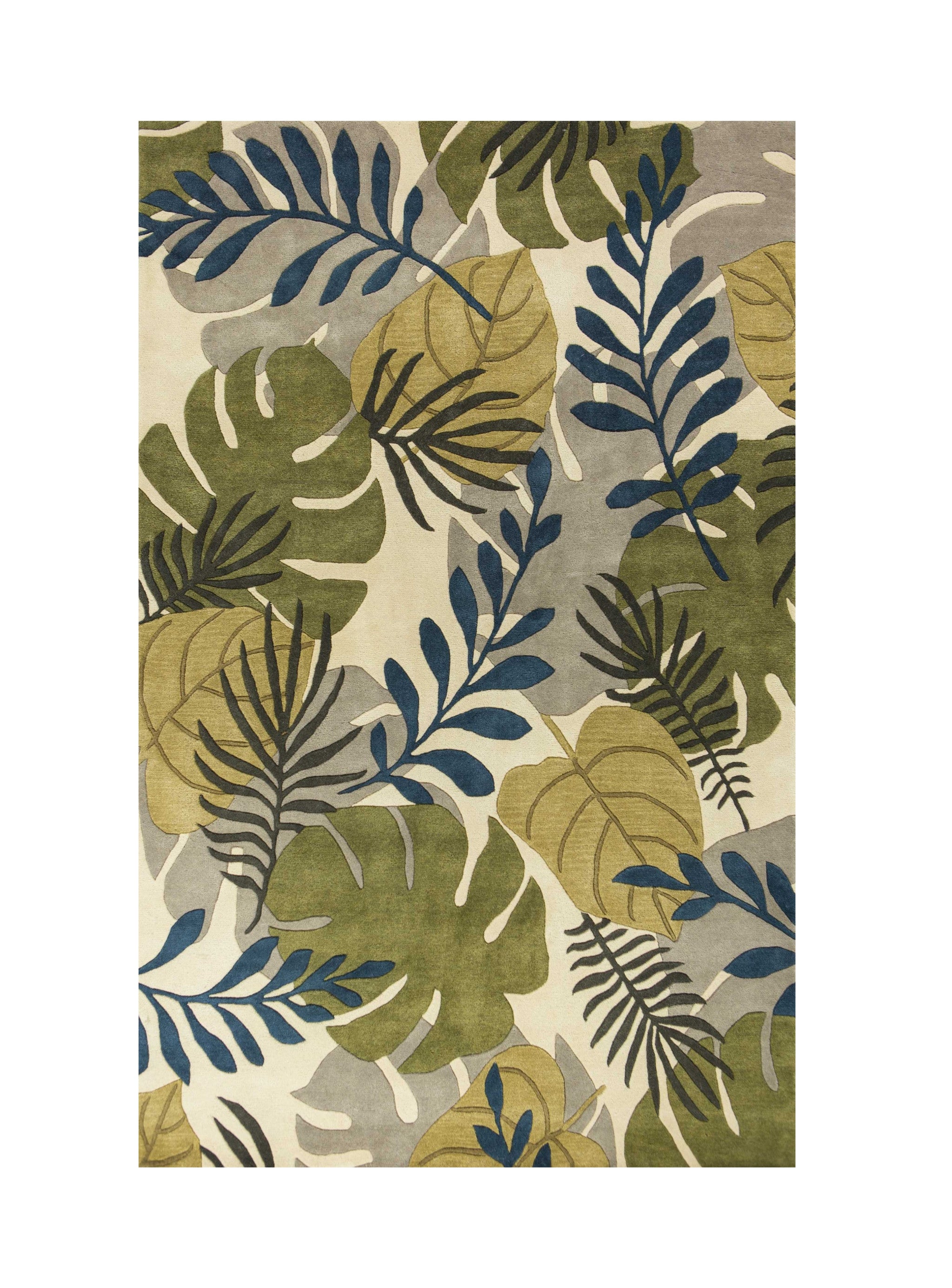 5' X 8' Ivory Green And Blue Wool Botanical Leaves Hand Tufted Area Rug-Area Rugs-DECOROLALA