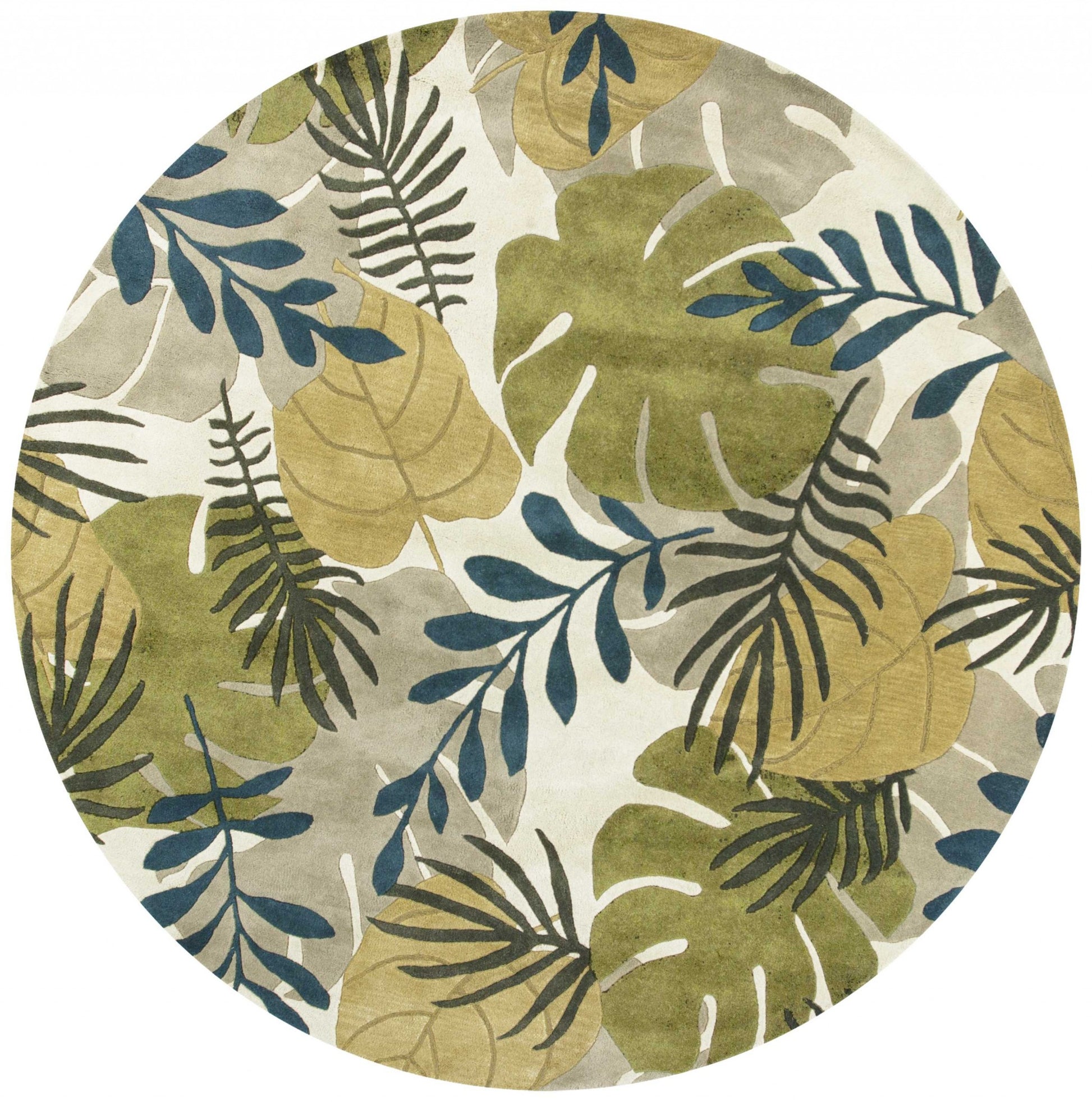 5' X 8' Ivory Green And Blue Wool Botanical Leaves Hand Tufted Area Rug-Area Rugs-DECOROLALA