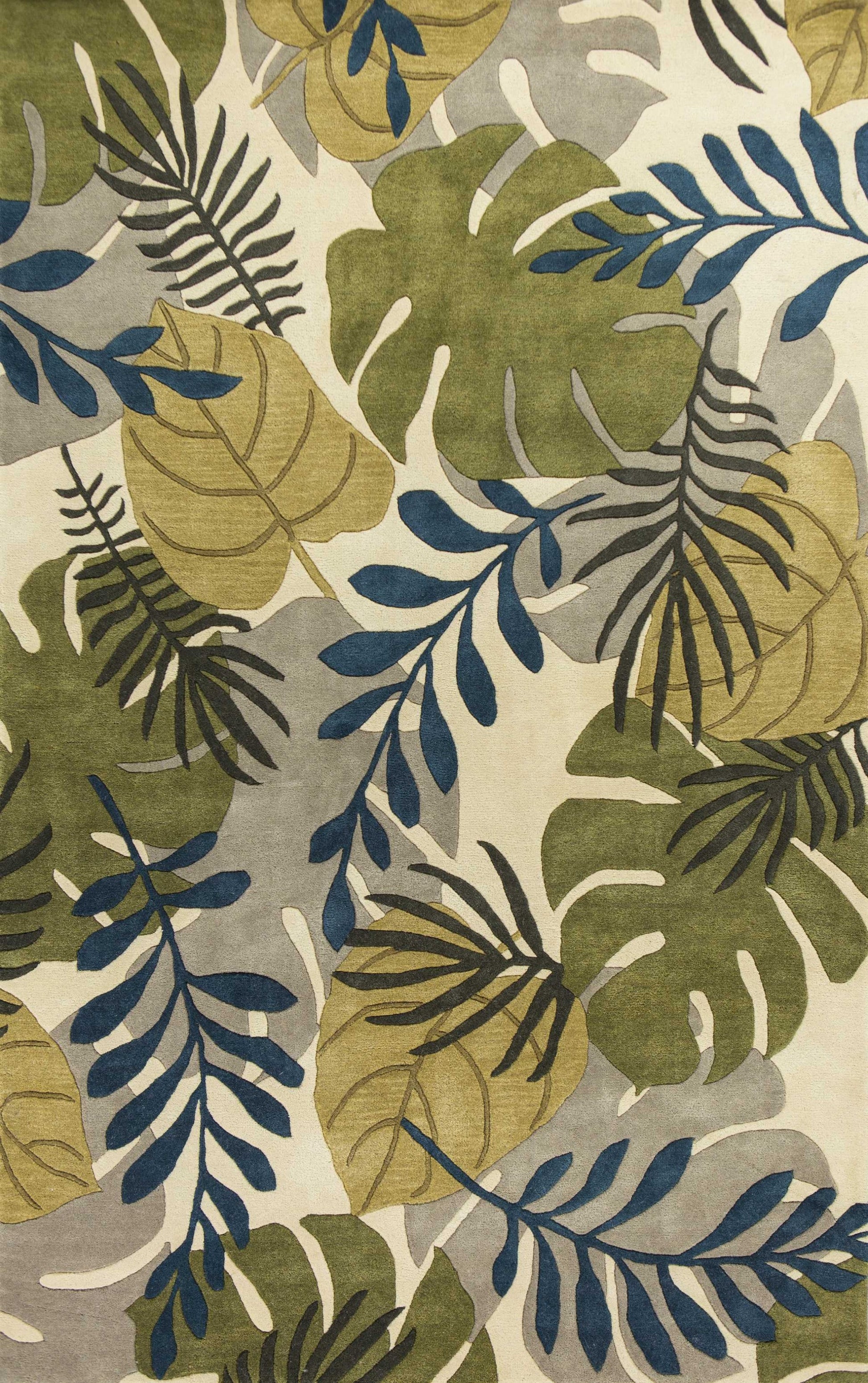 5' X 8' Ivory Green And Blue Wool Botanical Leaves Hand Tufted Area Rug-Area Rugs-DECOROLALA