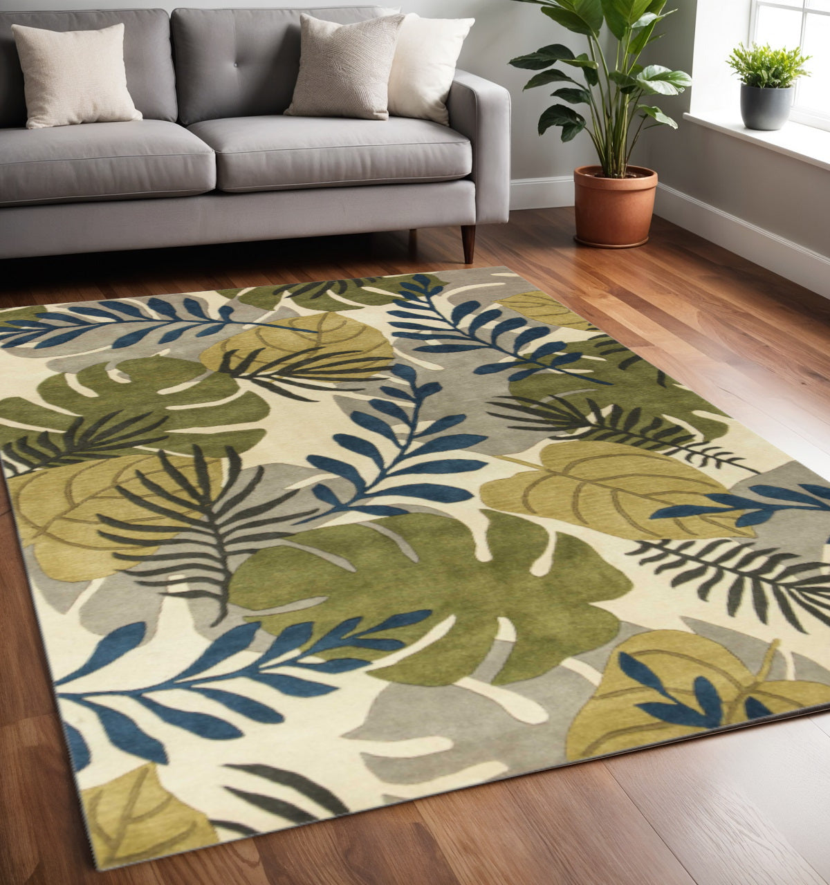 5' X 8' Ivory Green And Blue Wool Botanical Leaves Hand Tufted Area Rug-Area Rugs-DECOROLALA