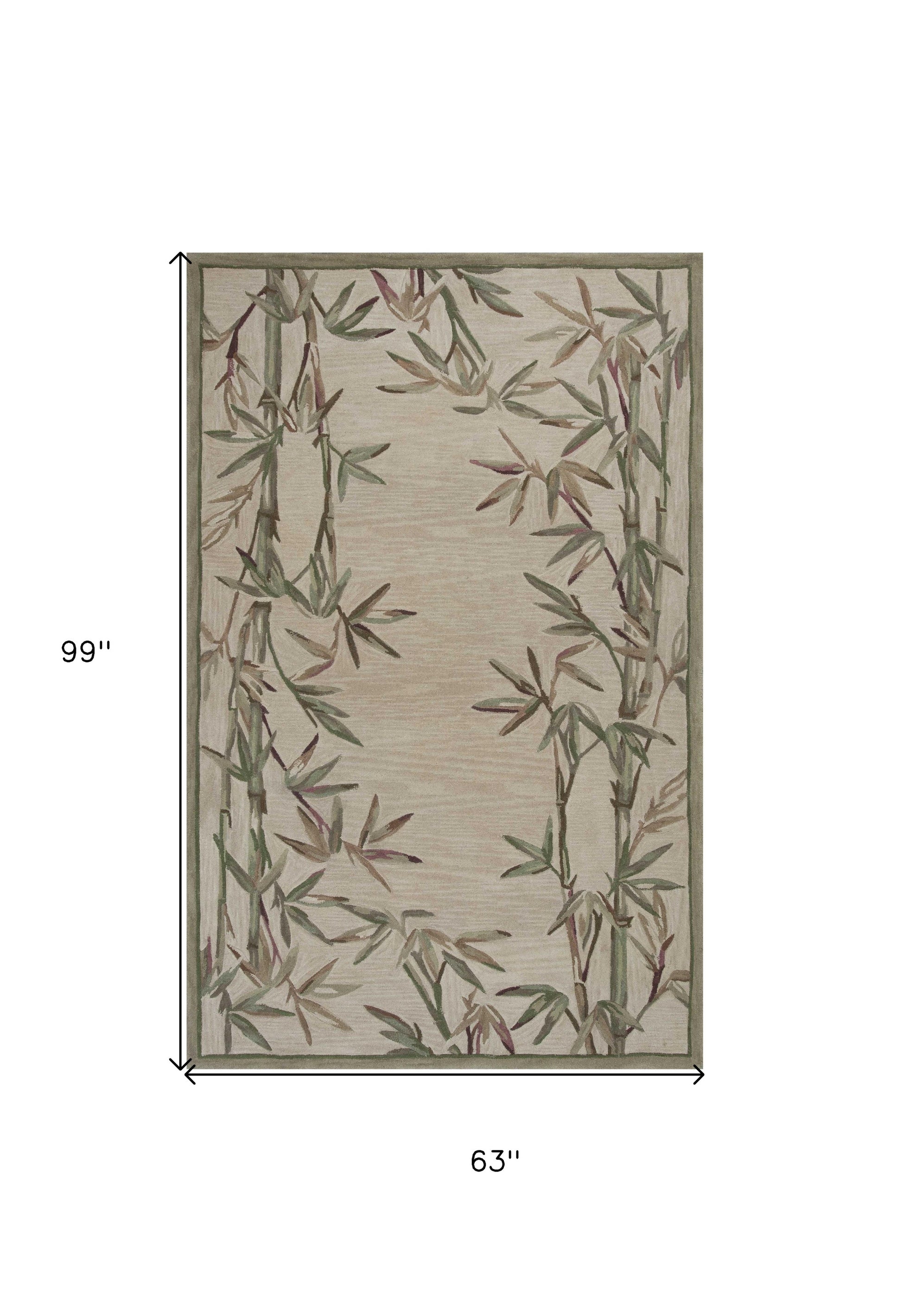 5' X 8' Ivory Green And Brown Wool Botanical Leaves Hand Tufted Area Rug-Area Rugs-DECOROLALA