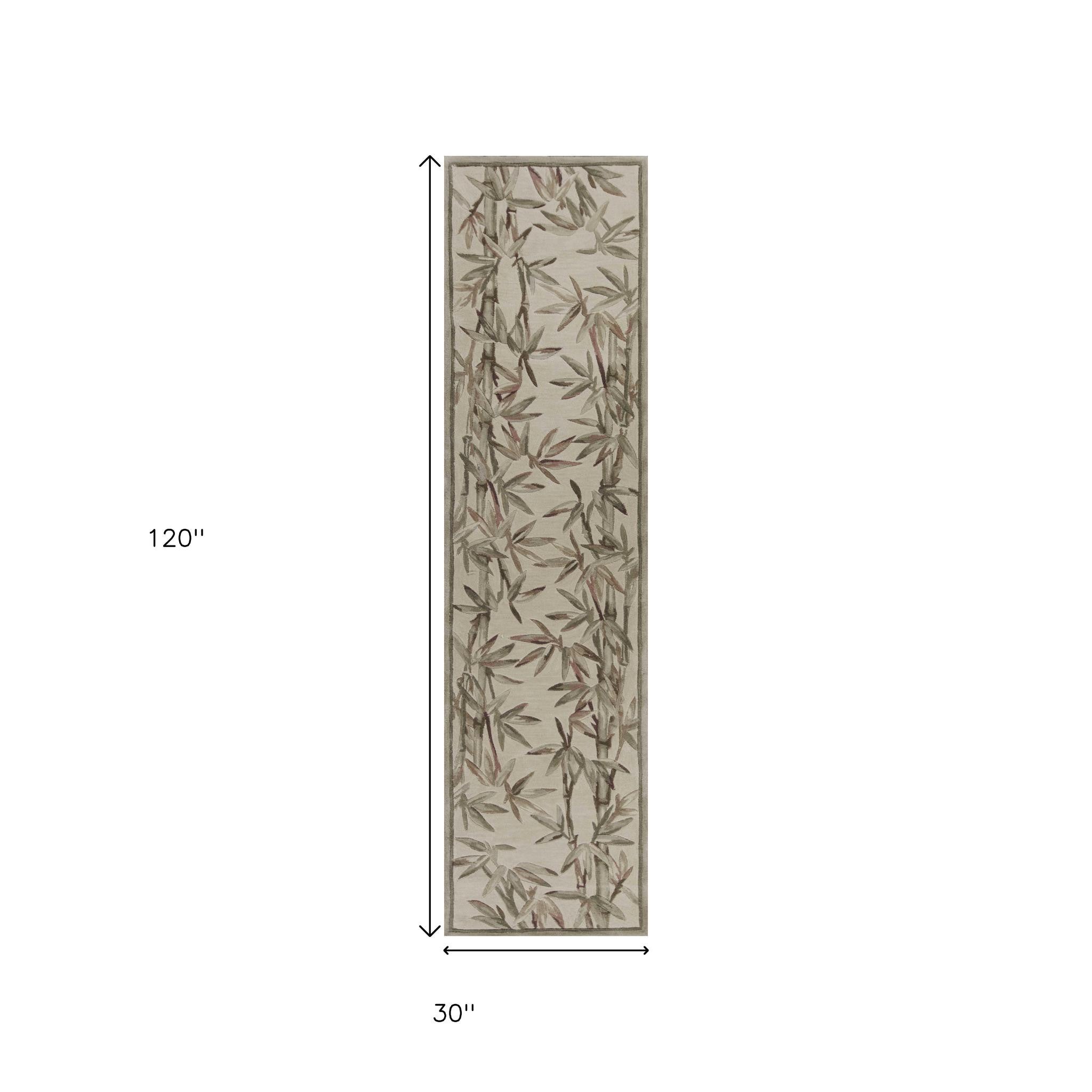 5' X 8' Ivory Green And Brown Wool Botanical Leaves Hand Tufted Area Rug-Area Rugs-DECOROLALA