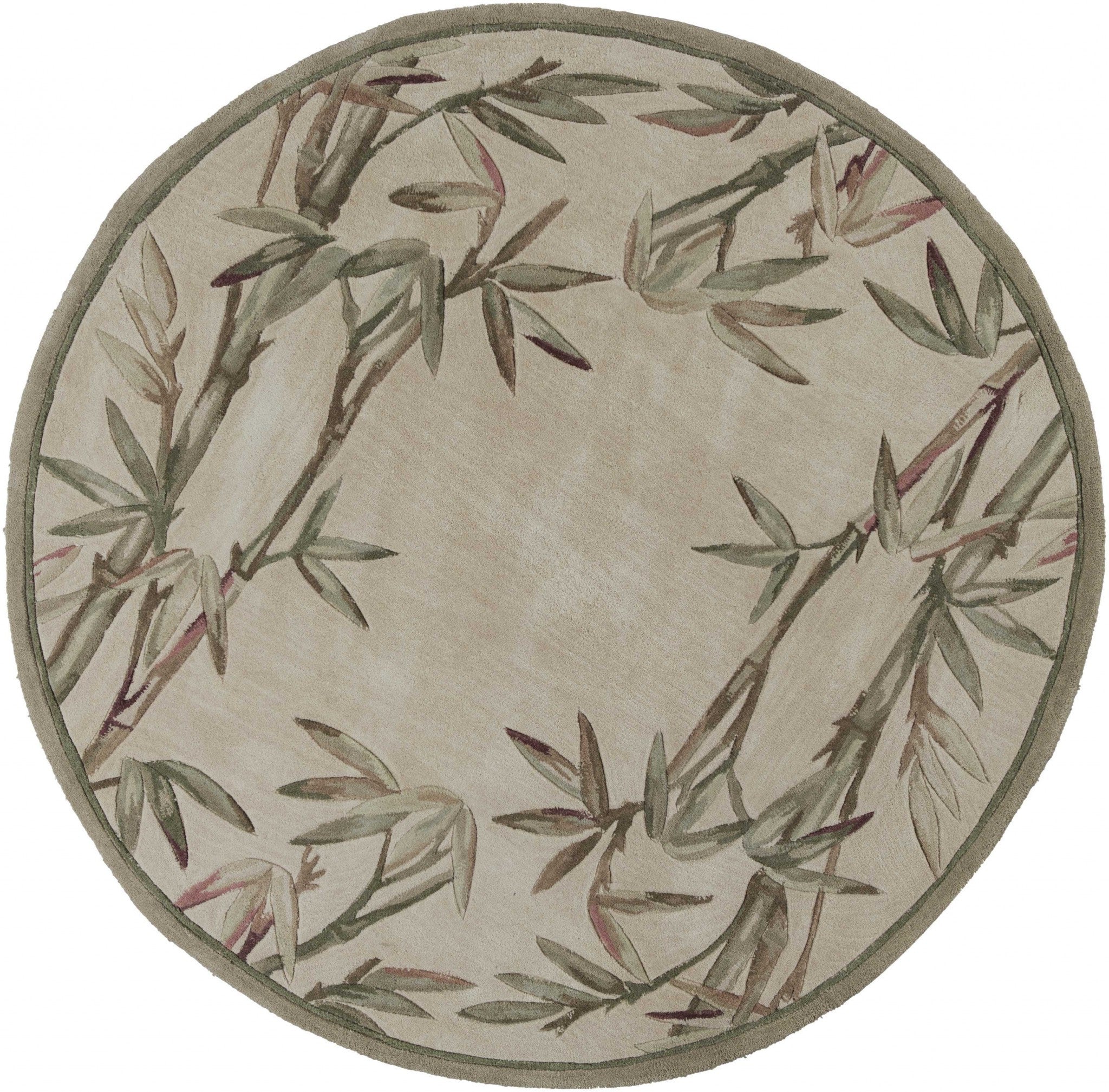 5' X 8' Ivory Green And Brown Wool Botanical Leaves Hand Tufted Area Rug-Area Rugs-DECOROLALA