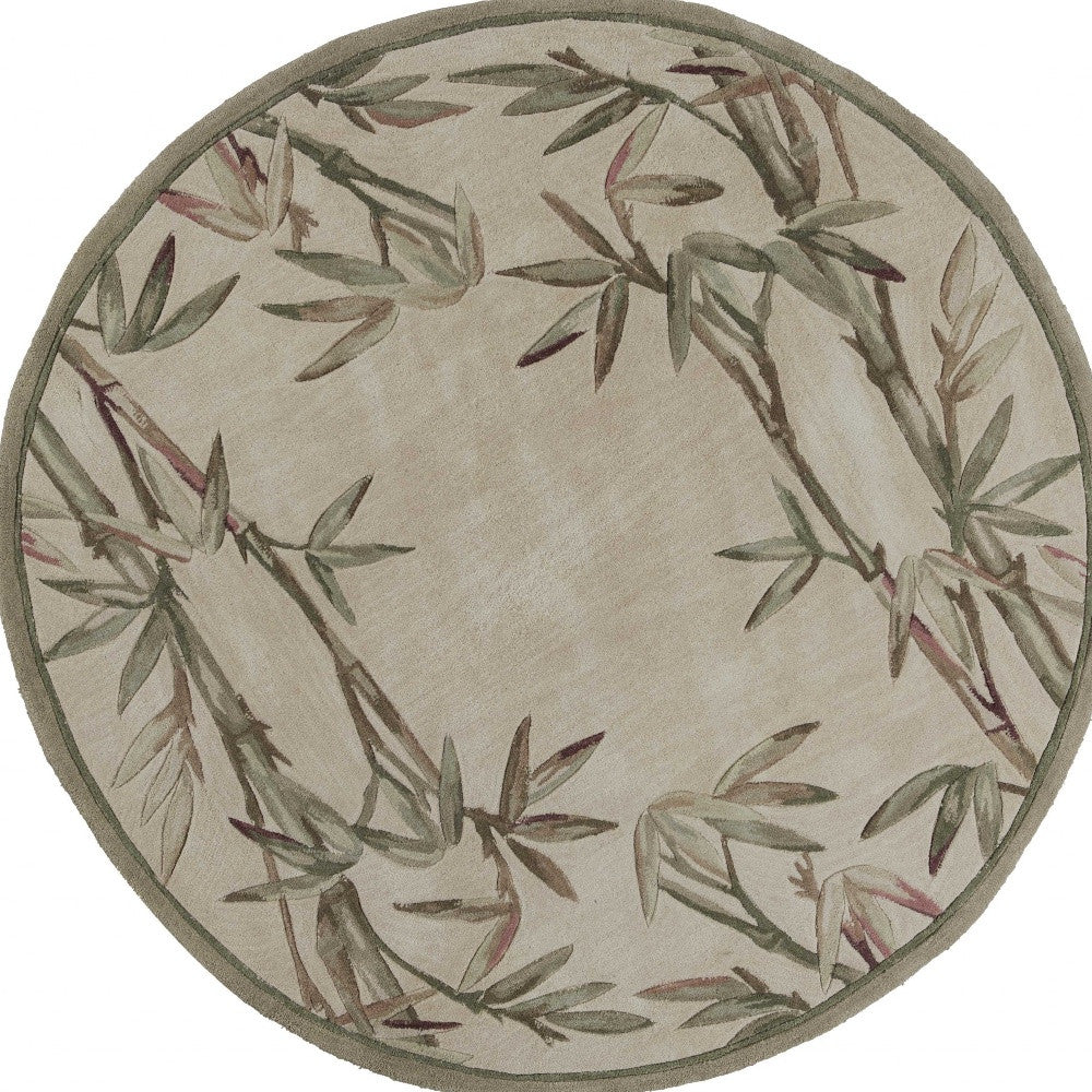 5' X 8' Ivory Green And Brown Wool Botanical Leaves Hand Tufted Area Rug-Area Rugs-DECOROLALA