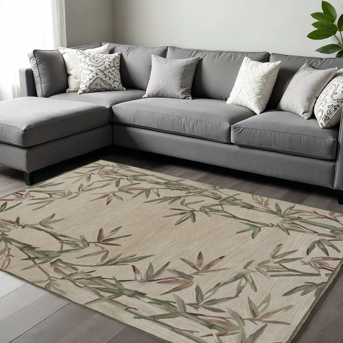5' X 8' Ivory Green And Brown Wool Botanical Leaves Hand Tufted Area Rug-Area Rugs-DECOROLALA