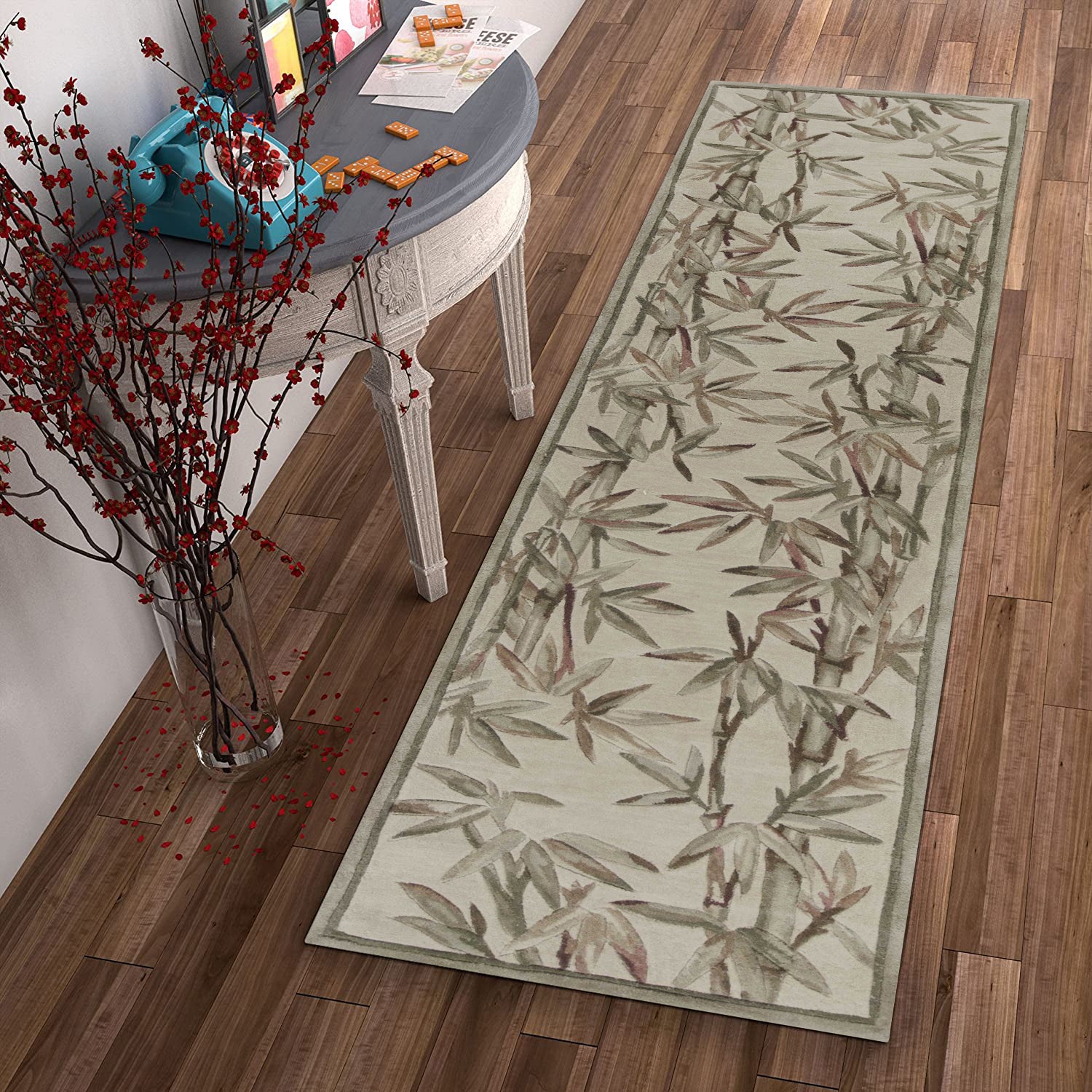5' X 8' Ivory Green And Brown Wool Botanical Leaves Hand Tufted Area Rug-Area Rugs-DECOROLALA