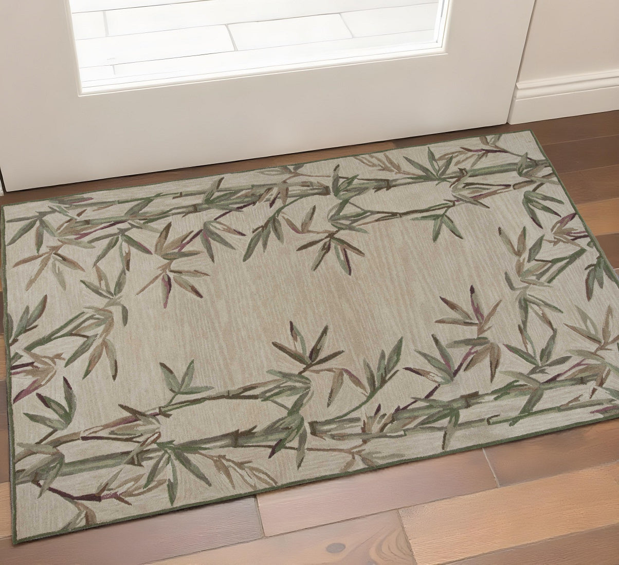5' X 8' Ivory Green And Brown Wool Botanical Leaves Hand Tufted Area Rug-Area Rugs-DECOROLALA