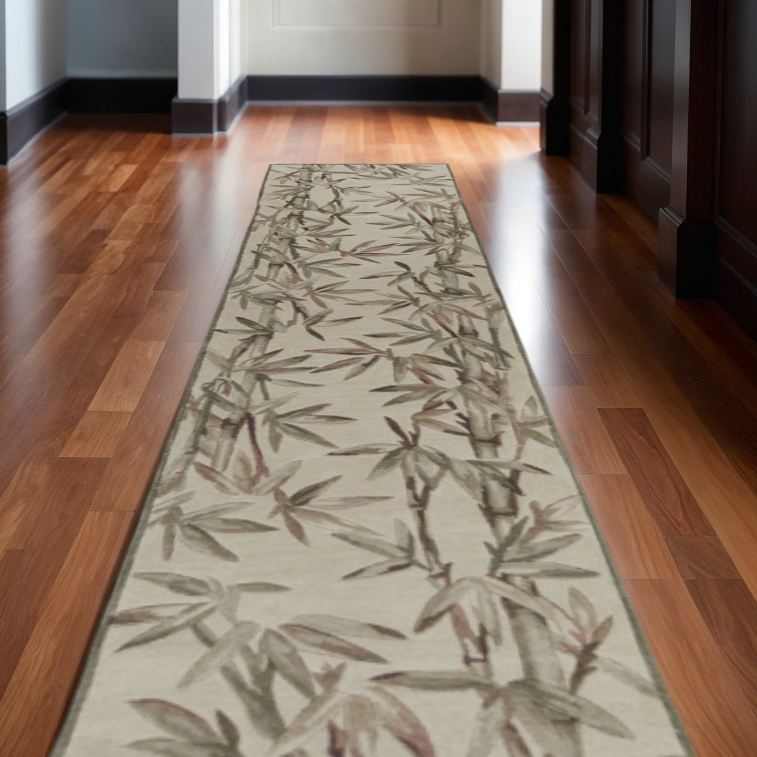 5' X 8' Ivory Green And Brown Wool Botanical Leaves Hand Tufted Area Rug-Area Rugs-DECOROLALA