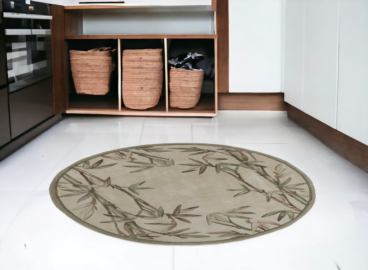 5' X 8' Ivory Green And Brown Wool Botanical Leaves Hand Tufted Area Rug-Area Rugs-DECOROLALA
