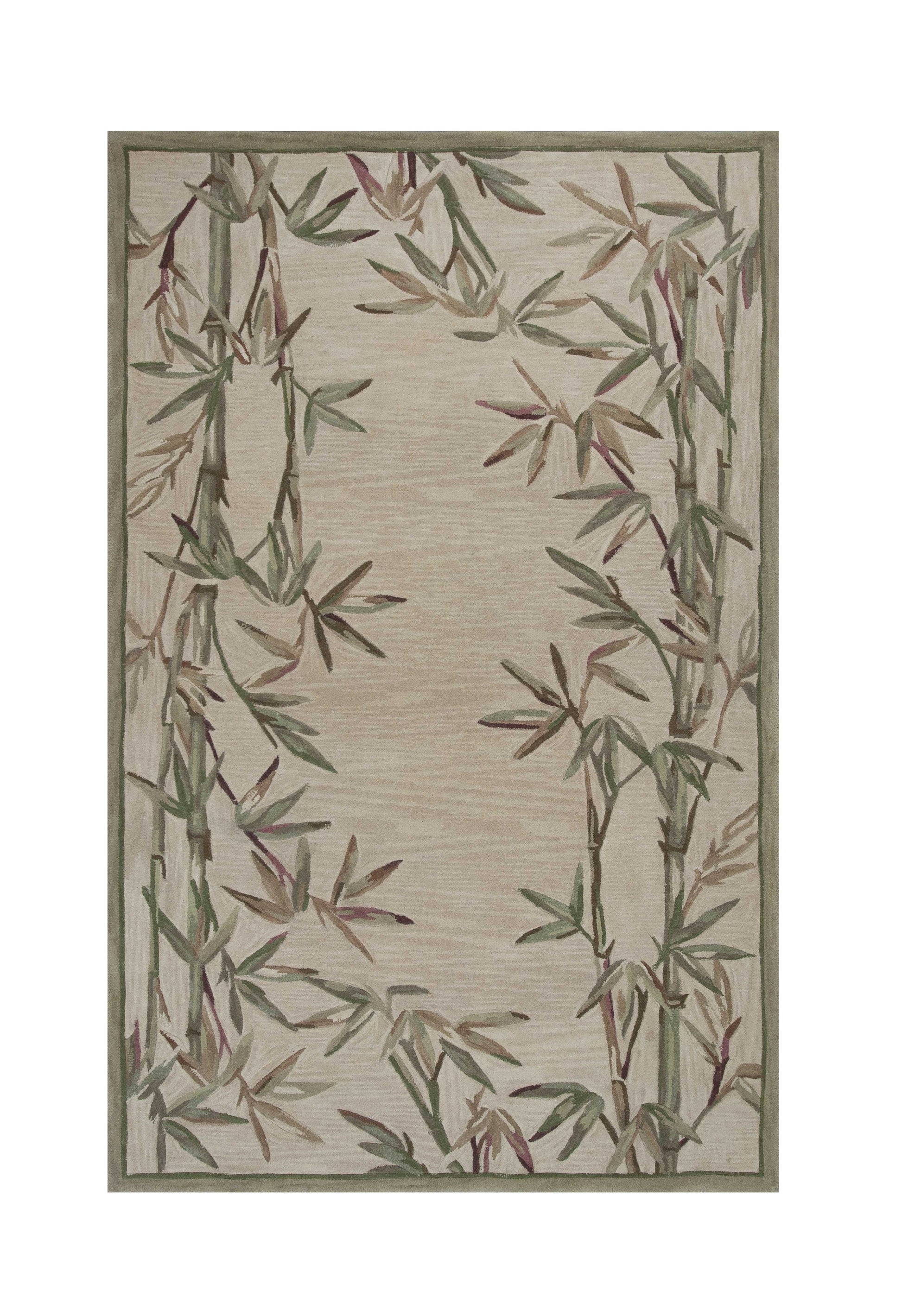 5' X 8' Ivory Green And Brown Wool Botanical Leaves Hand Tufted Area Rug-Area Rugs-DECOROLALA