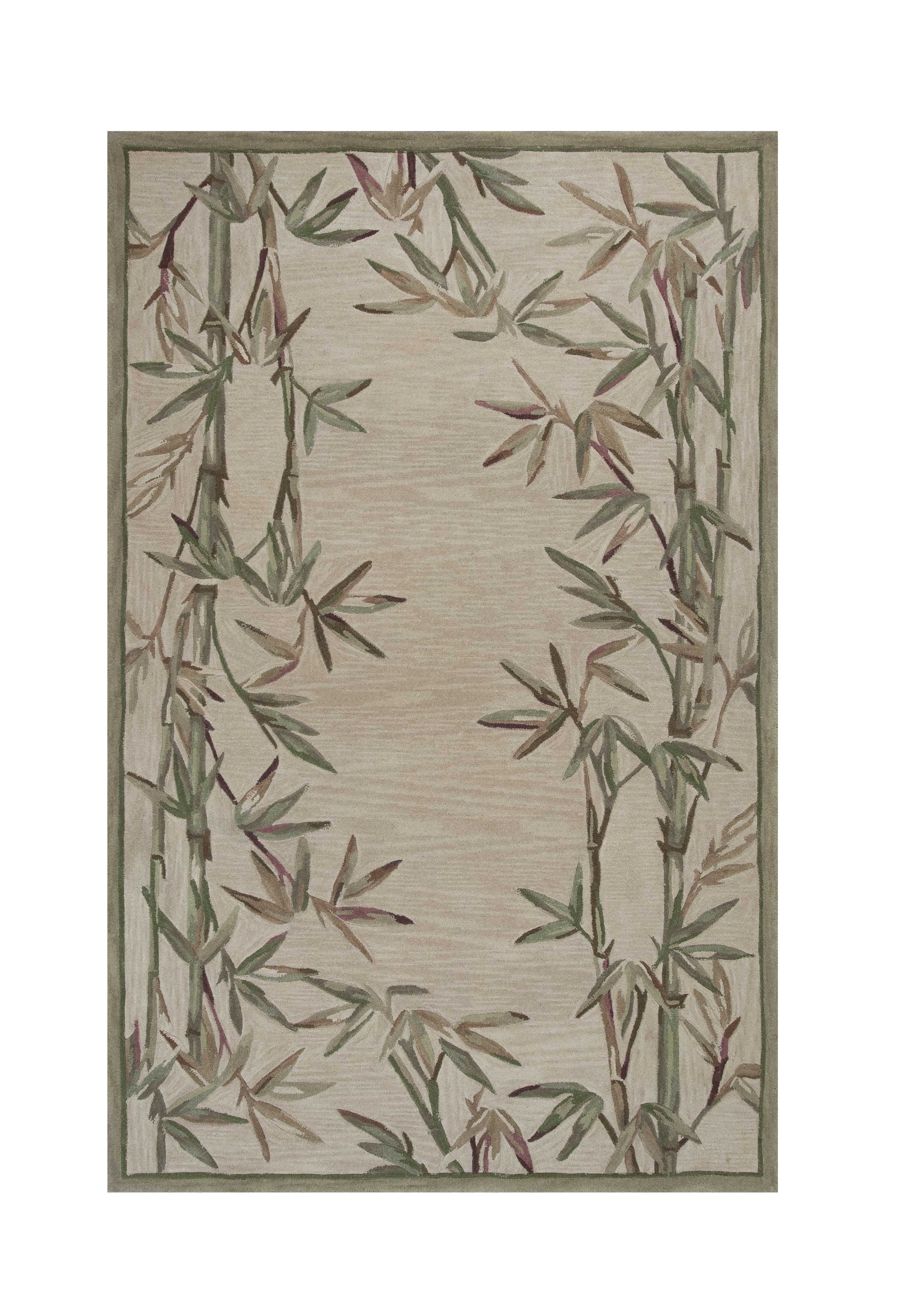 5' X 8' Ivory Green And Brown Wool Botanical Leaves Hand Tufted Area Rug-Area Rugs-DECOROLALA