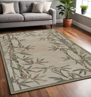5' X 8' Ivory Green And Brown Wool Botanical Leaves Hand Tufted Area Rug-Area Rugs-DECOROLALA