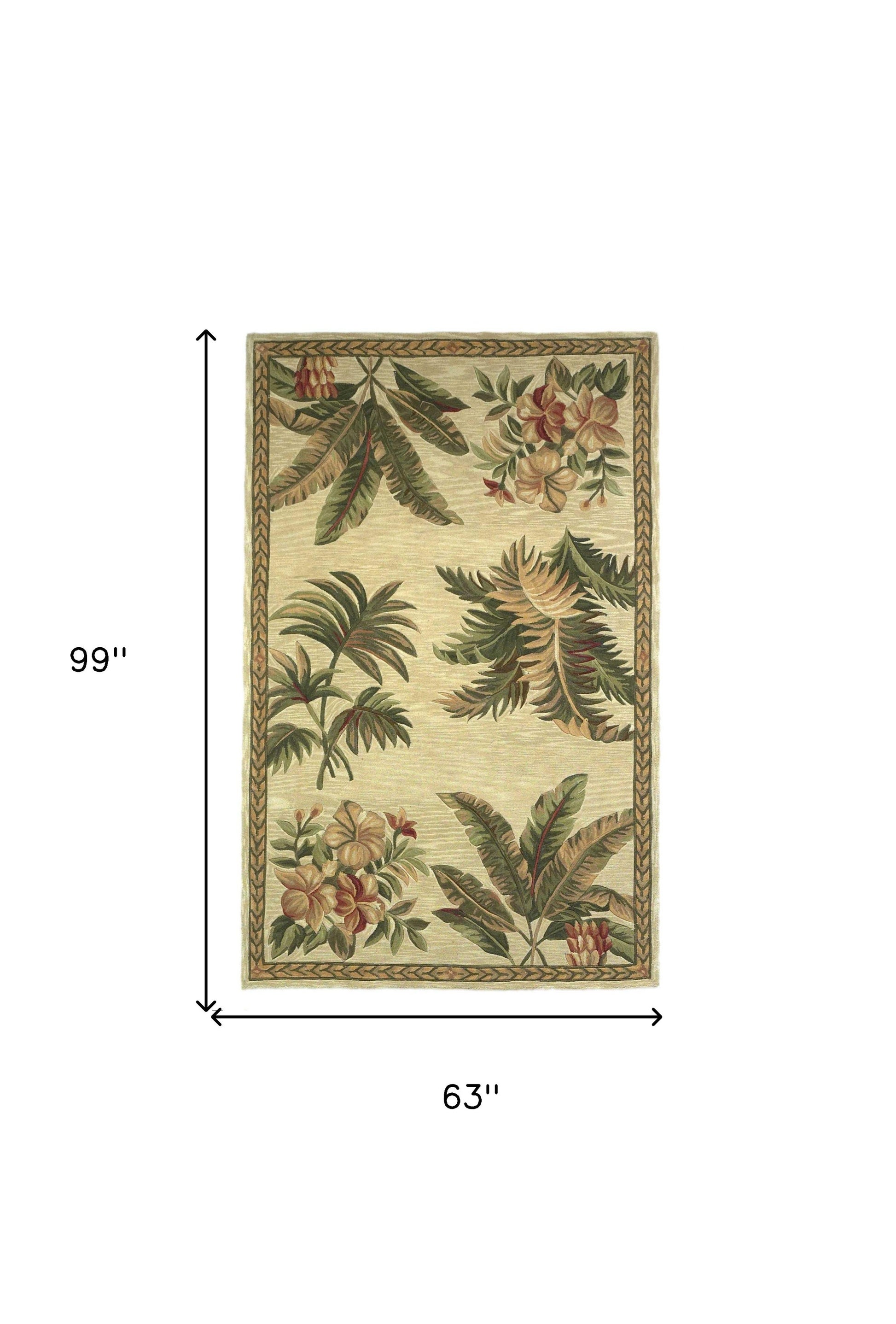 5' X 8' Ivory Green And Brown Wool Tropical Botanical Hand Tufted Area Rug-Area Rugs-DECOROLALA