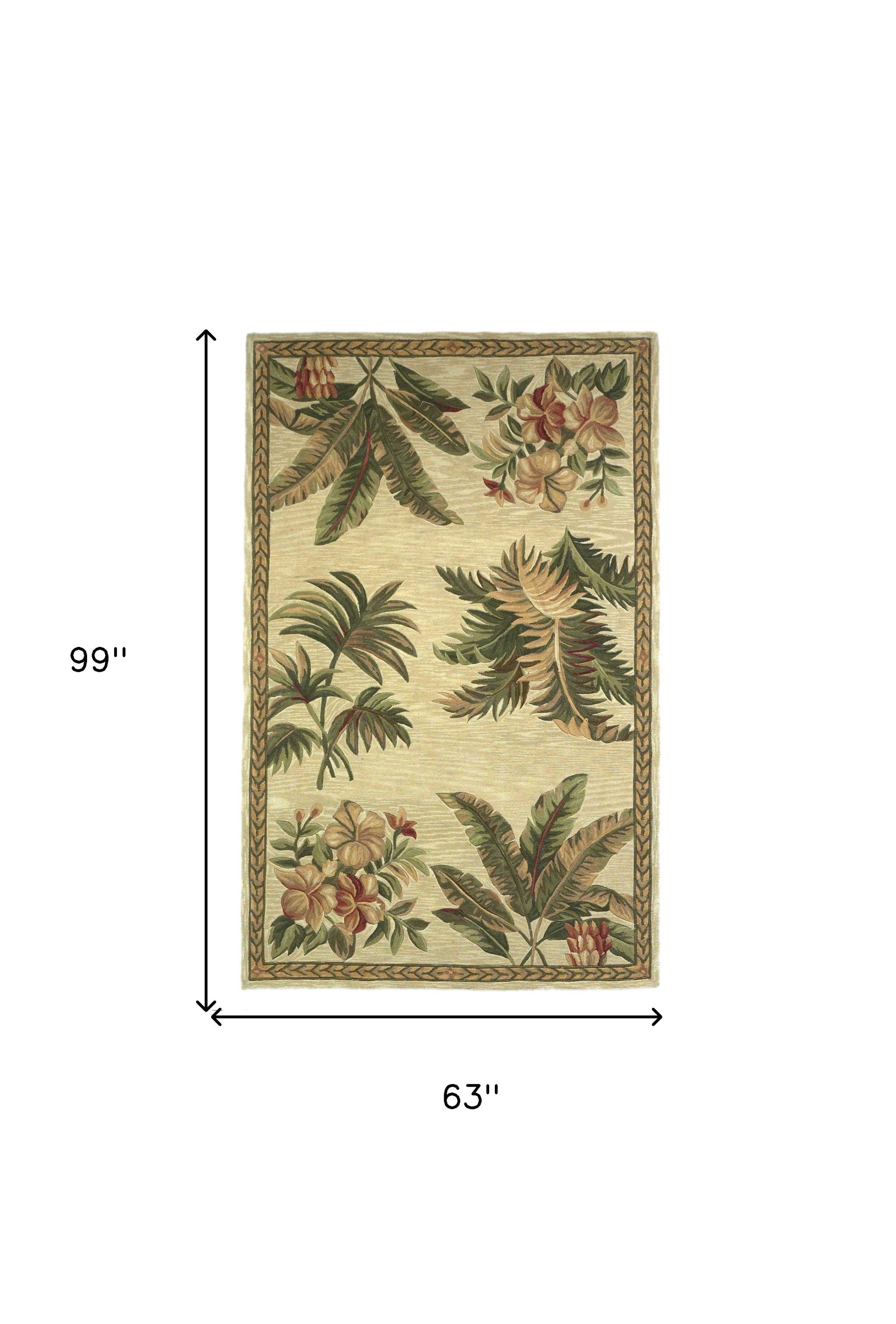 5' X 8' Ivory Green And Brown Wool Tropical Botanical Hand Tufted Area Rug-Area Rugs-DECOROLALA