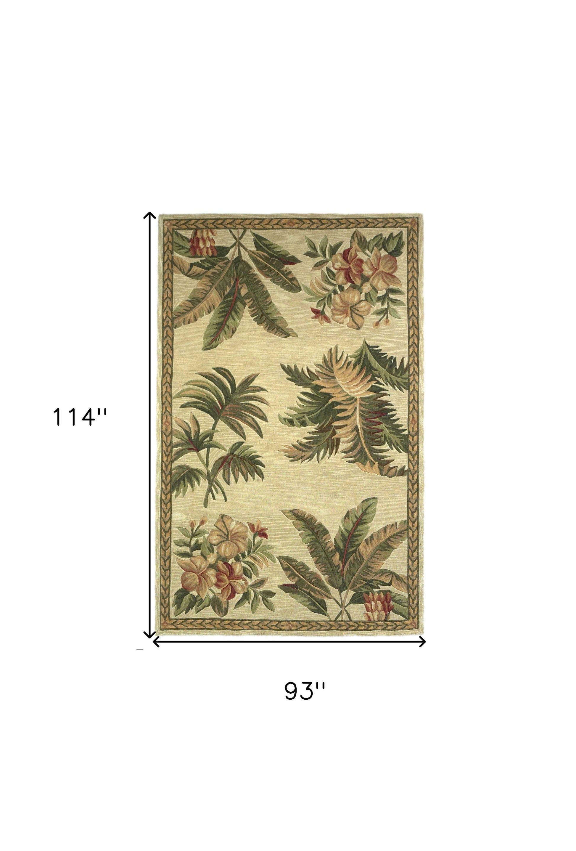 5' X 8' Ivory Green And Brown Wool Tropical Botanical Hand Tufted Area Rug-Area Rugs-DECOROLALA