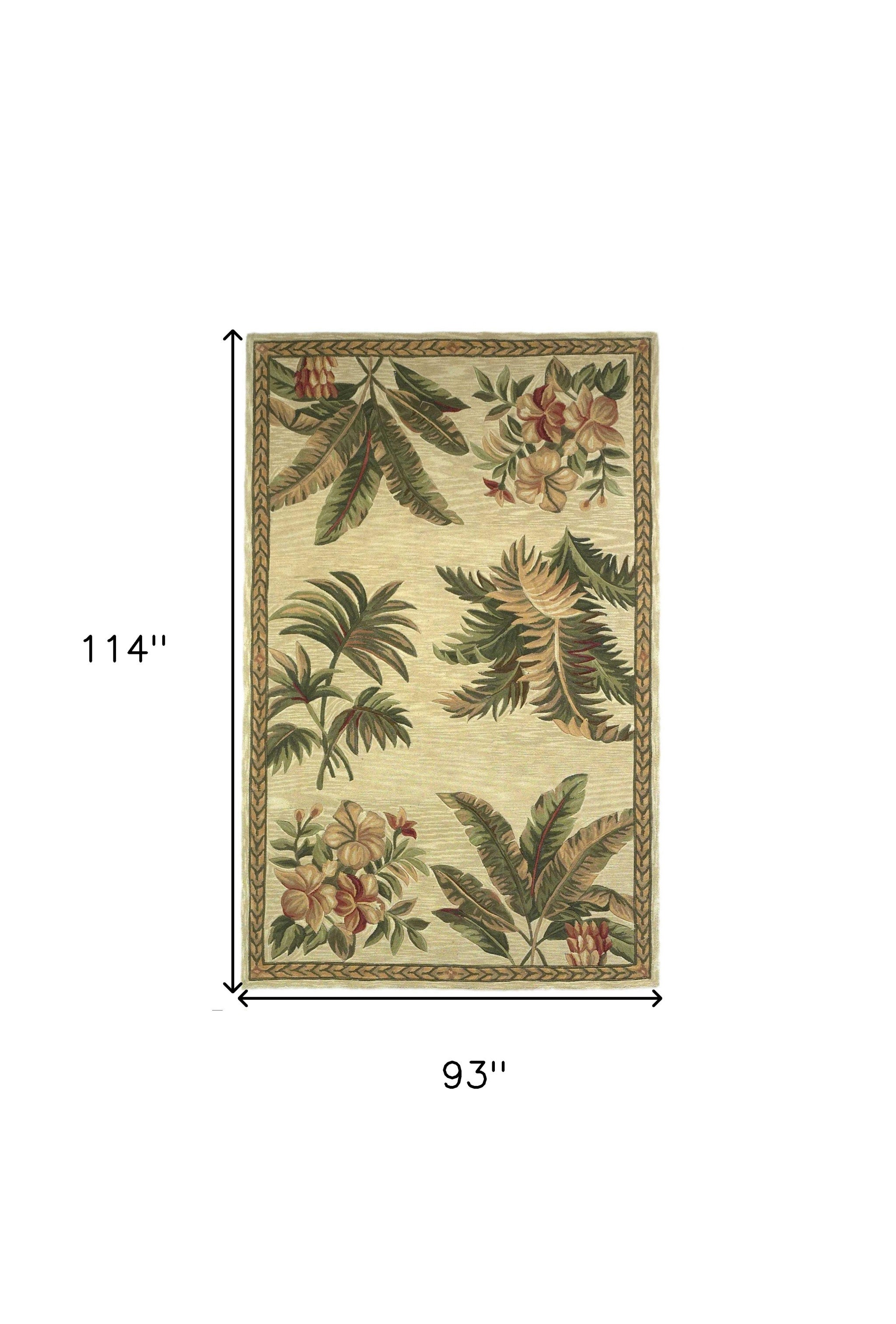 5' X 8' Ivory Green And Brown Wool Tropical Botanical Hand Tufted Area Rug-Area Rugs-DECOROLALA