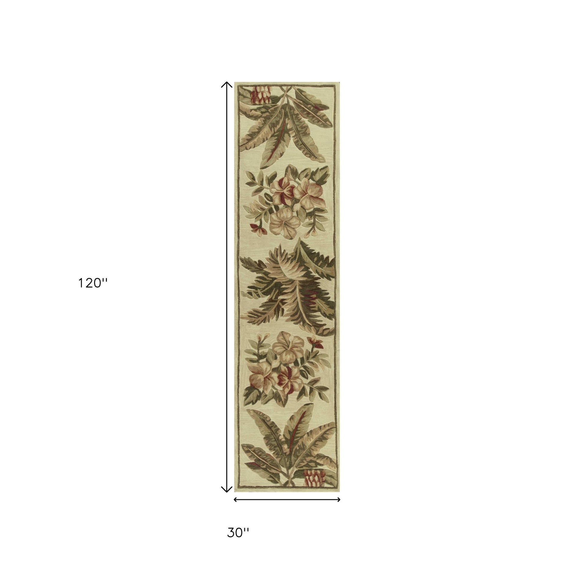 5' X 8' Ivory Green And Brown Wool Tropical Botanical Hand Tufted Area Rug-Area Rugs-DECOROLALA