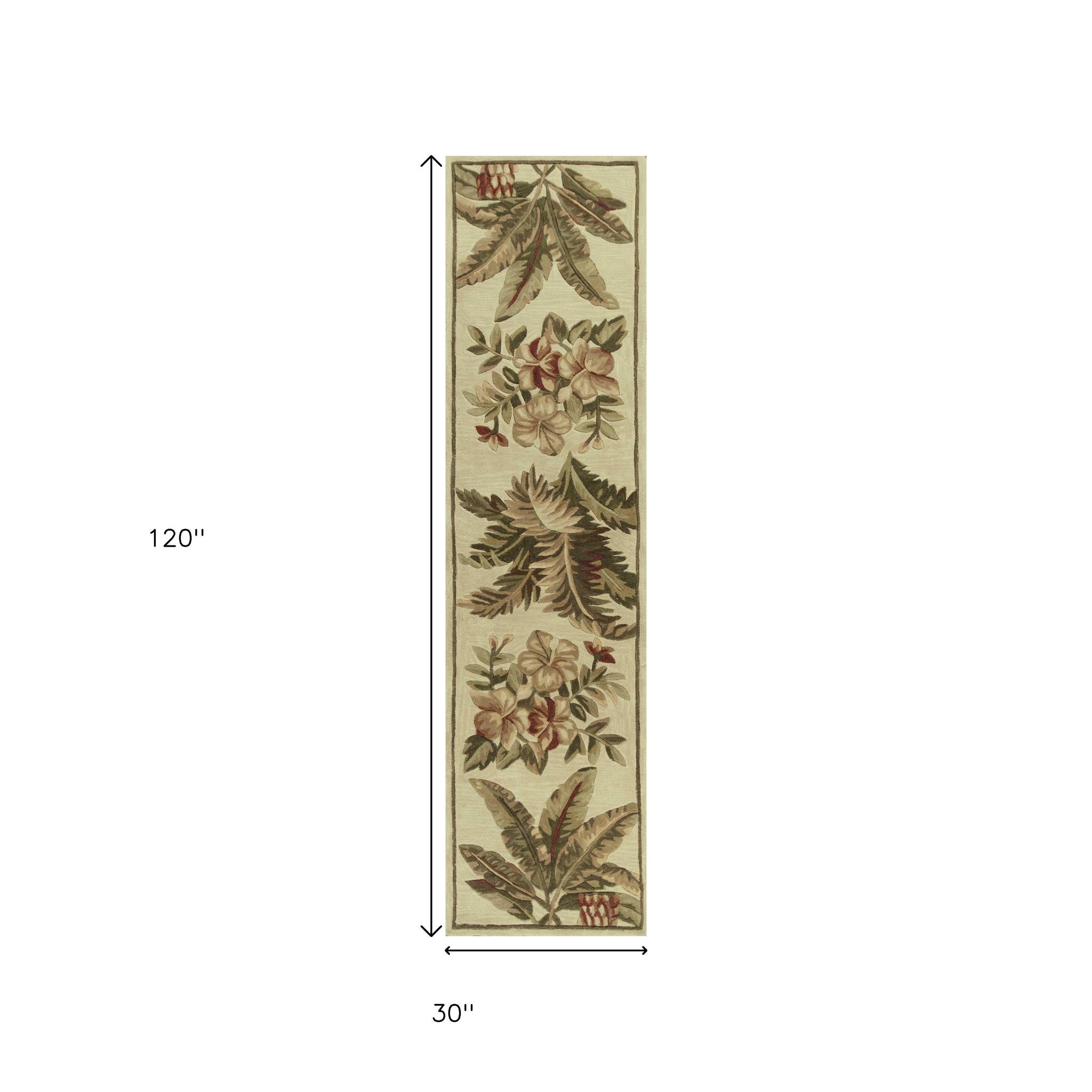 5' X 8' Ivory Green And Brown Wool Tropical Botanical Hand Tufted Area Rug-Area Rugs-DECOROLALA
