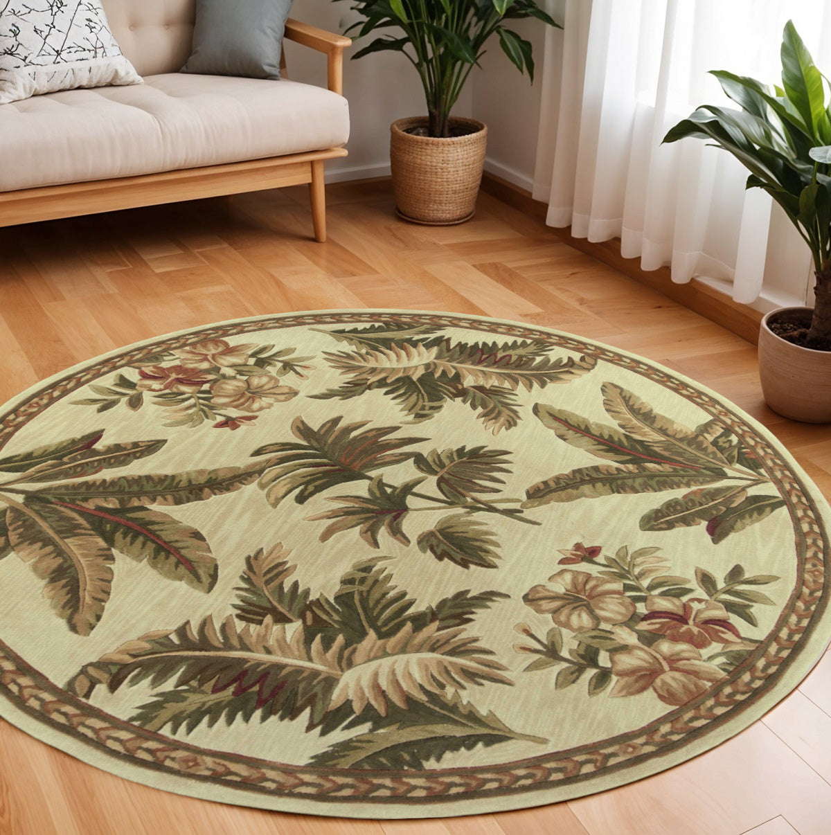 5' X 8' Ivory Green And Brown Wool Tropical Botanical Hand Tufted Area Rug-Area Rugs-DECOROLALA