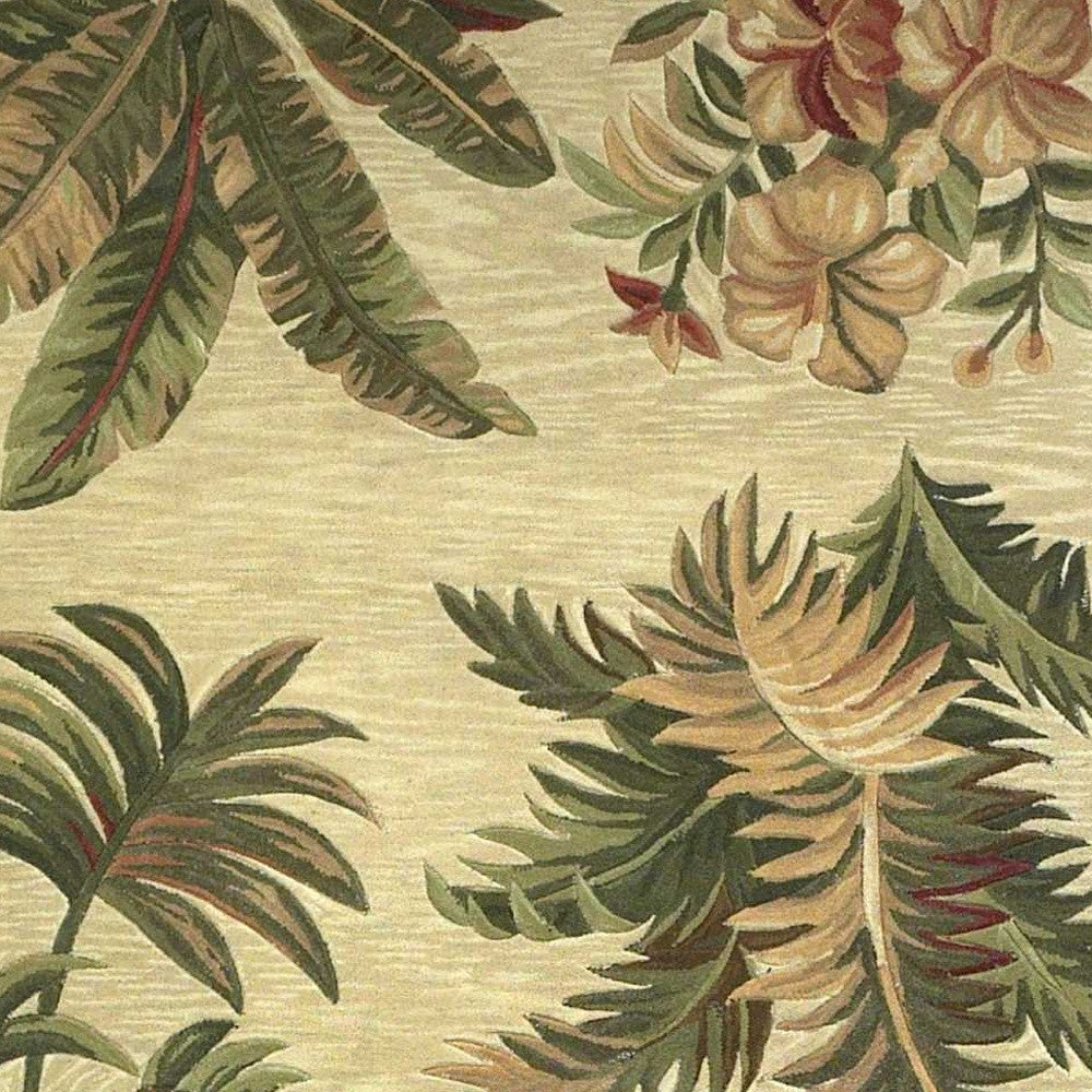 5' X 8' Ivory Green And Brown Wool Tropical Botanical Hand Tufted Area Rug-Area Rugs-DECOROLALA
