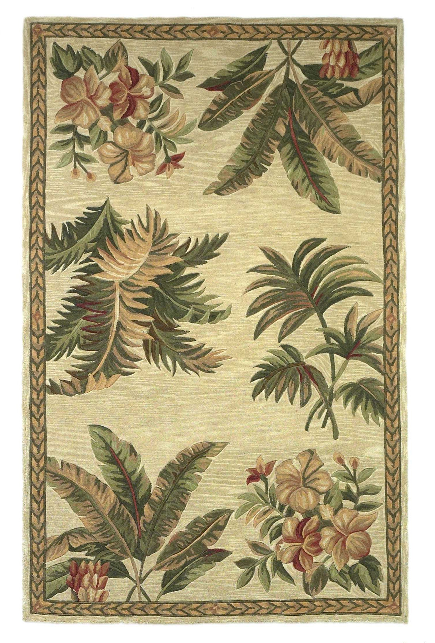 5' X 8' Ivory Green And Brown Wool Tropical Botanical Hand Tufted Area Rug-Area Rugs-DECOROLALA