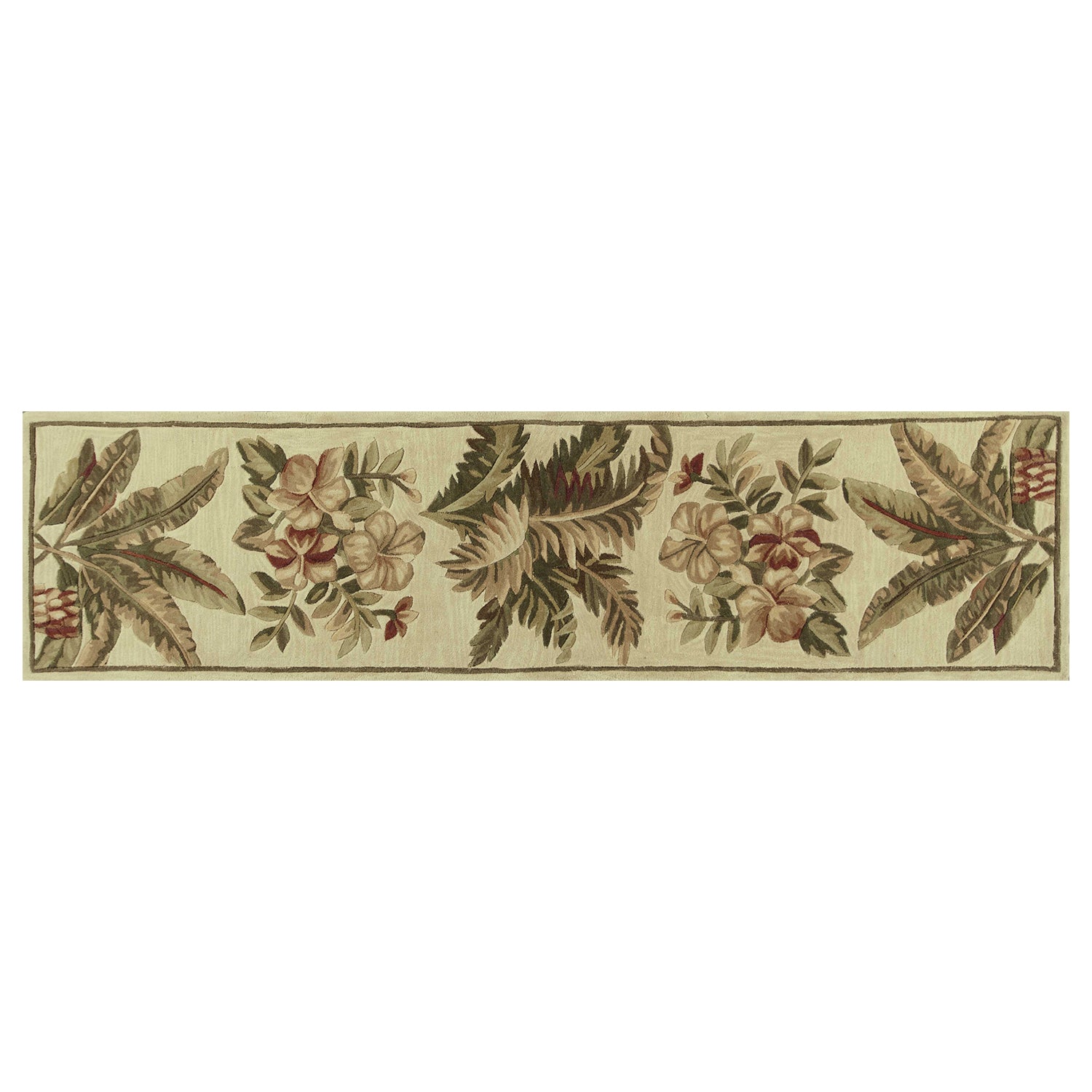5' X 8' Ivory Green And Brown Wool Tropical Botanical Hand Tufted Area Rug-Area Rugs-DECOROLALA