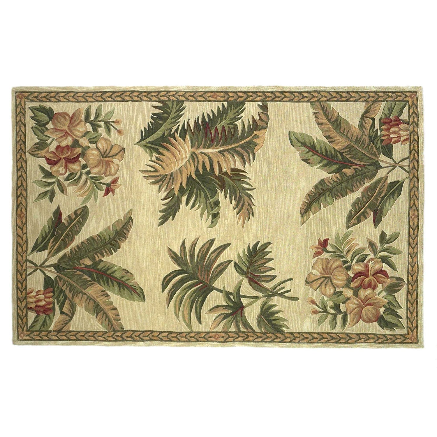 5' X 8' Ivory Green And Brown Wool Tropical Botanical Hand Tufted Area Rug-Area Rugs-DECOROLALA