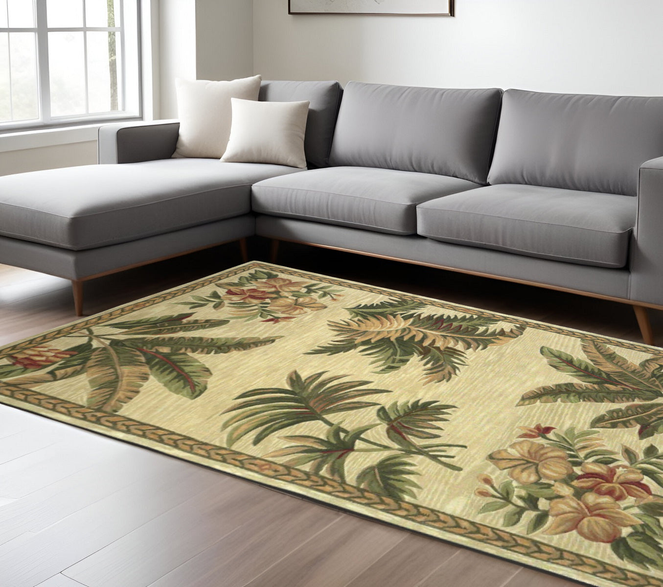 5' X 8' Ivory Green And Brown Wool Tropical Botanical Hand Tufted Area Rug-Area Rugs-DECOROLALA