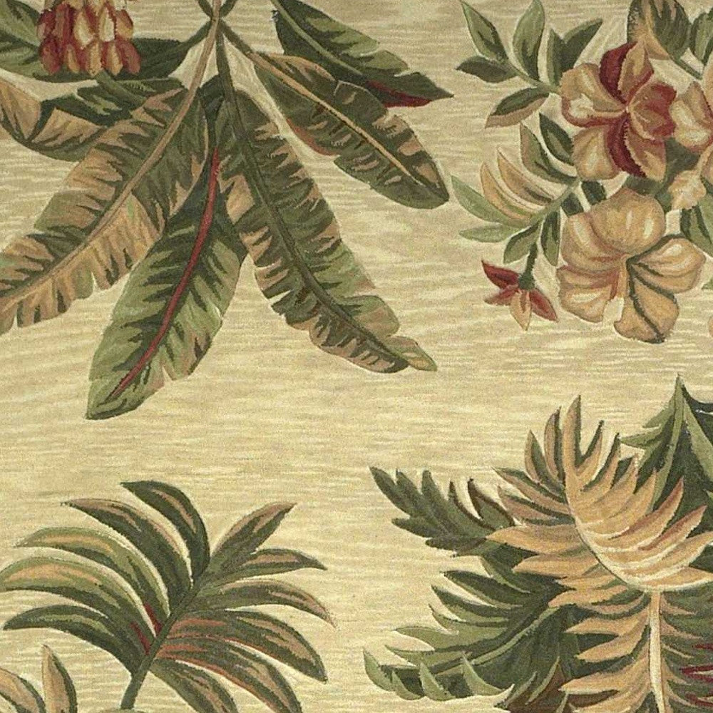 5' X 8' Ivory Green And Brown Wool Tropical Botanical Hand Tufted Area Rug-Area Rugs-DECOROLALA