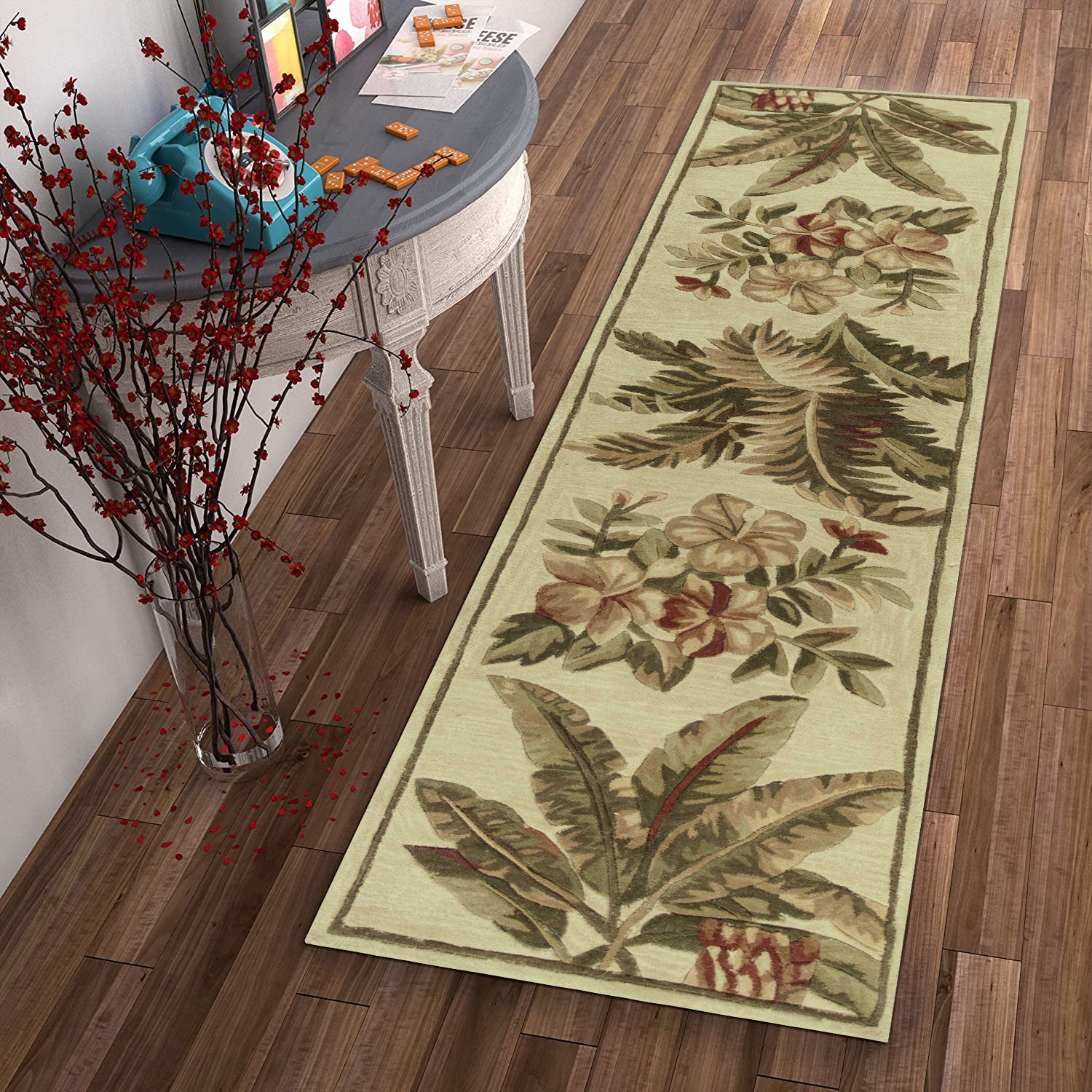 5' X 8' Ivory Green And Brown Wool Tropical Botanical Hand Tufted Area Rug-Area Rugs-DECOROLALA