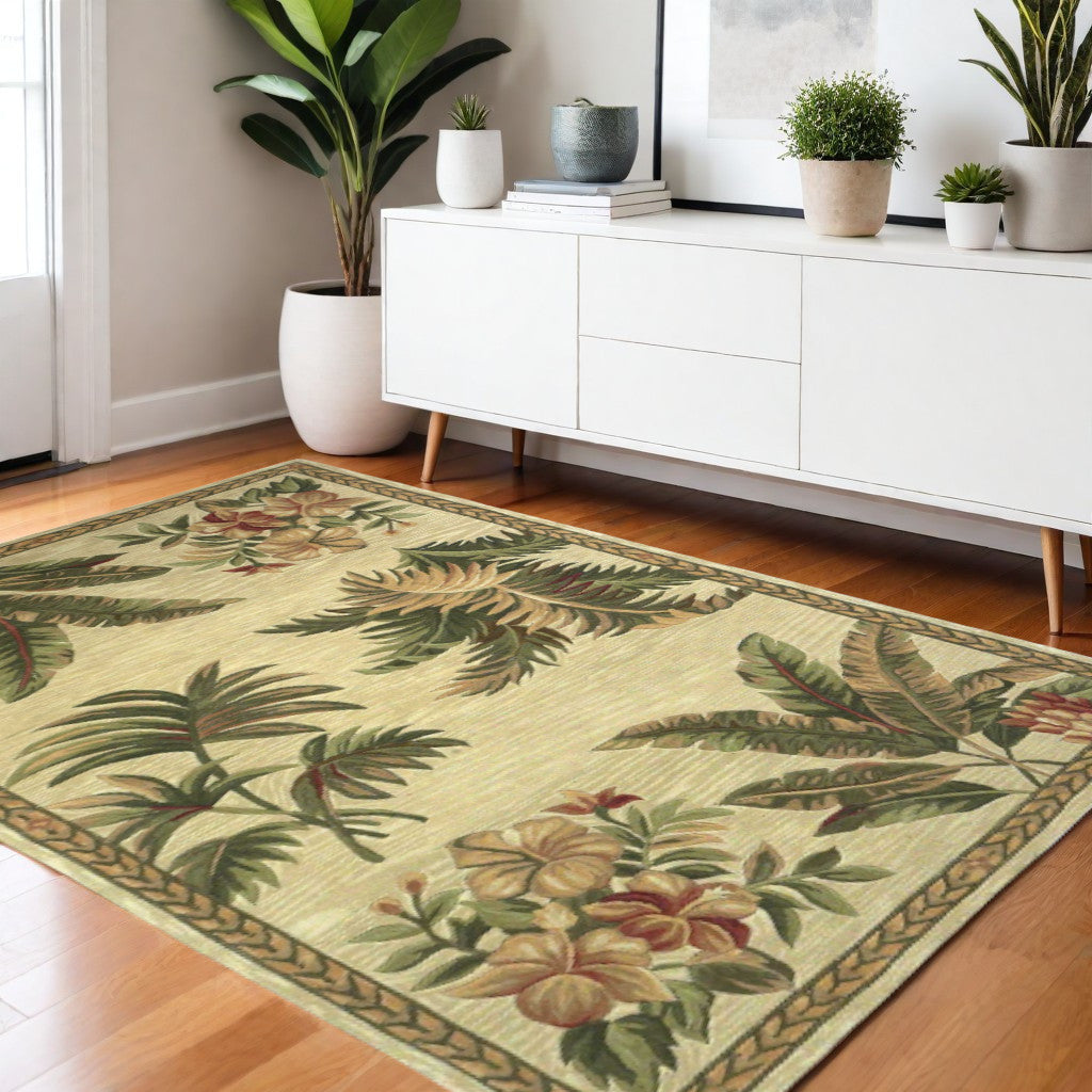 5' X 8' Ivory Green And Brown Wool Tropical Botanical Hand Tufted Area Rug-Area Rugs-DECOROLALA