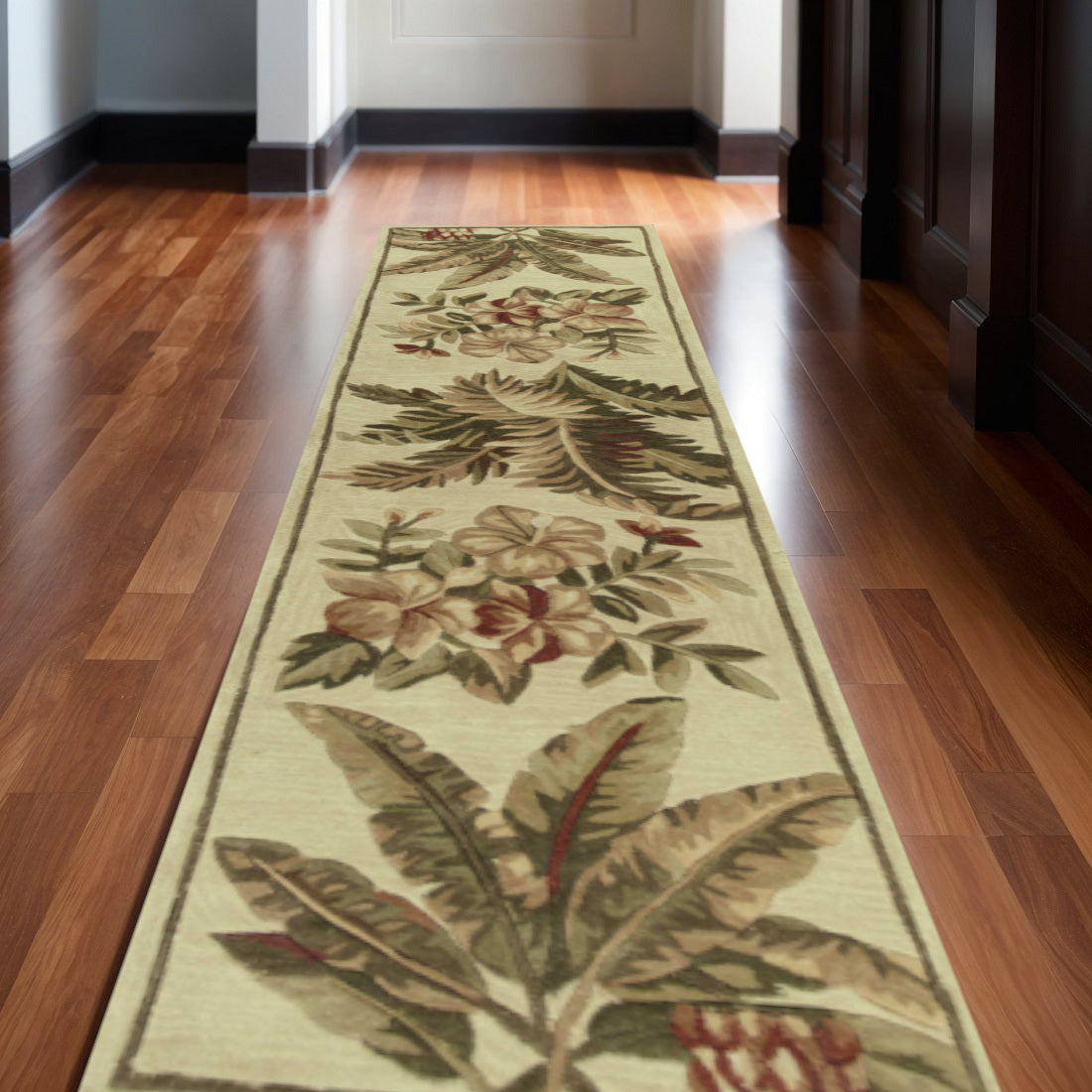 5' X 8' Ivory Green And Brown Wool Tropical Botanical Hand Tufted Area Rug-Area Rugs-DECOROLALA