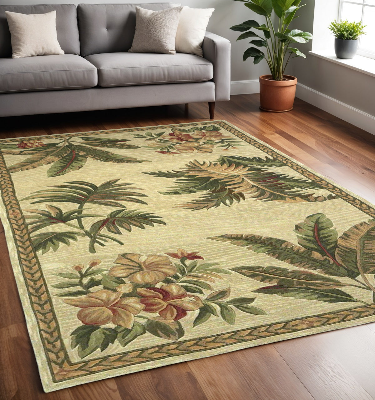 5' X 8' Ivory Green And Brown Wool Tropical Botanical Hand Tufted Area Rug-Area Rugs-DECOROLALA