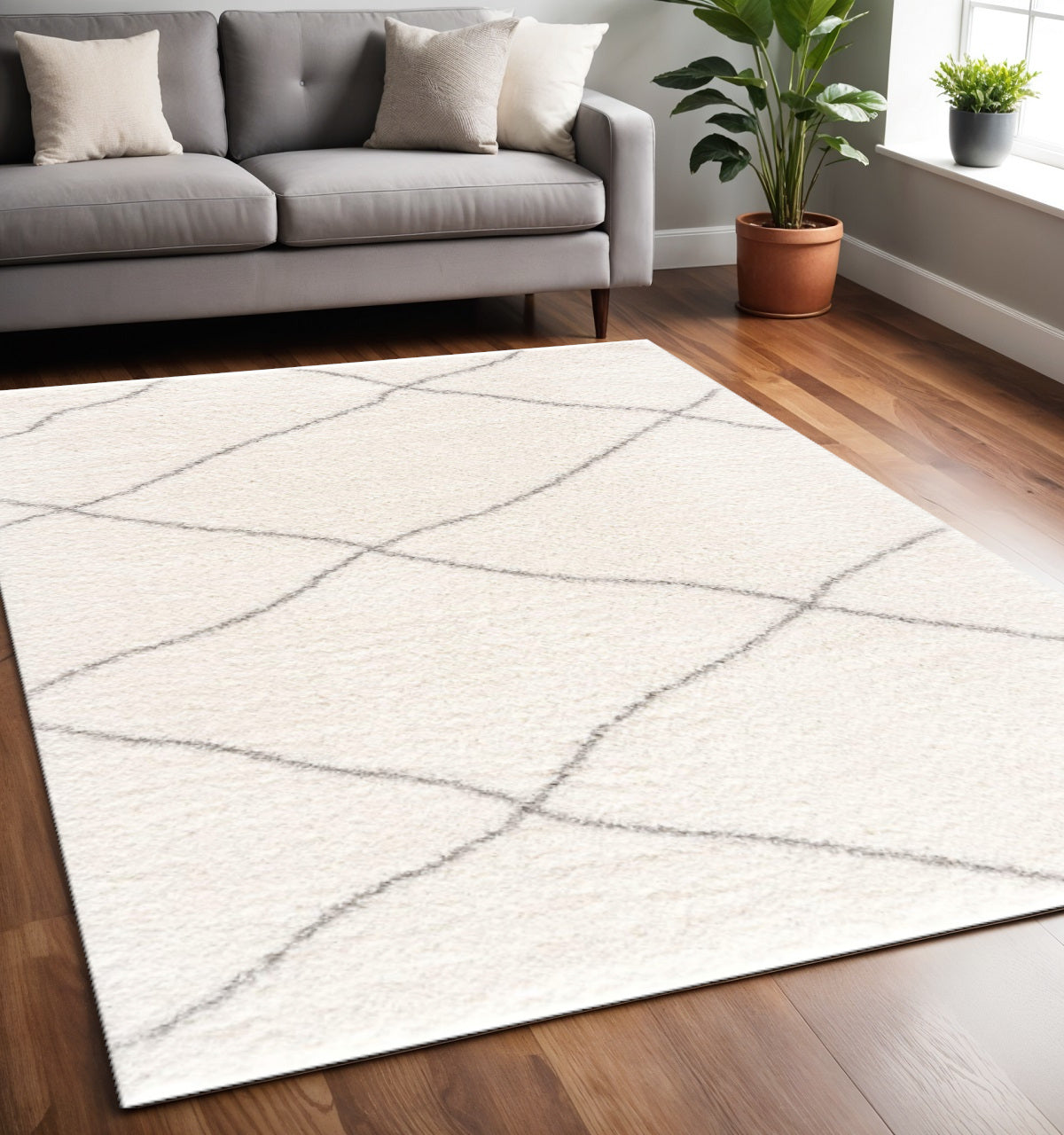 5' X 8' Ivory Modern Uneven Lattice Area Rug-Area Rugs-DECOROLALA
