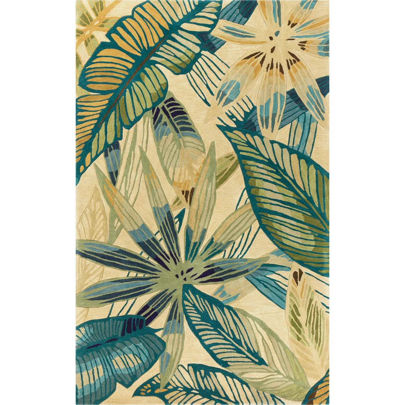 5' X 8' Ivory Teal And Green Wool Tropical Botanical Hand Tufted Area Rug-Area Rugs-DECOROLALA