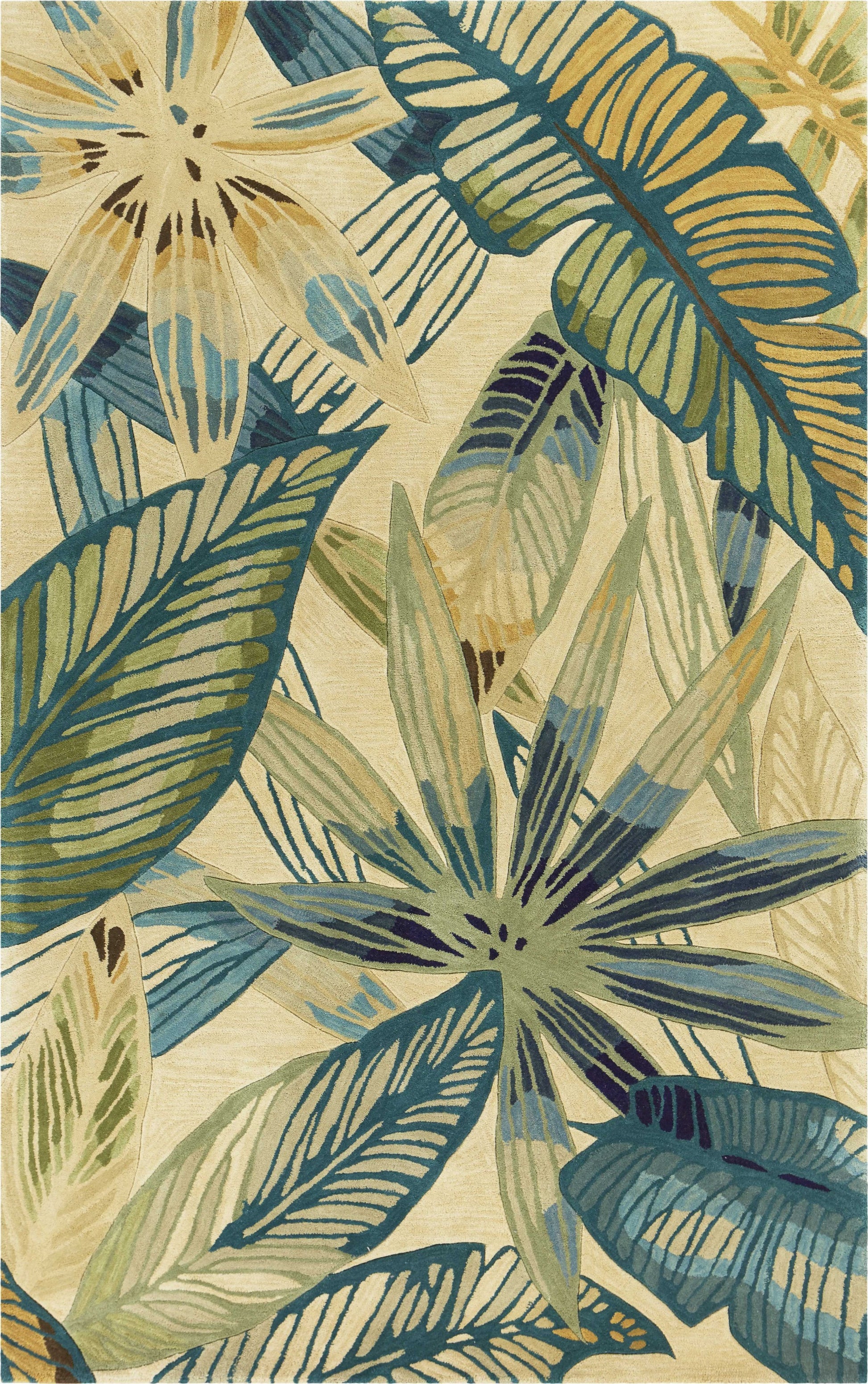 5' X 8' Ivory Teal And Green Wool Tropical Botanical Hand Tufted Area Rug-Area Rugs-DECOROLALA