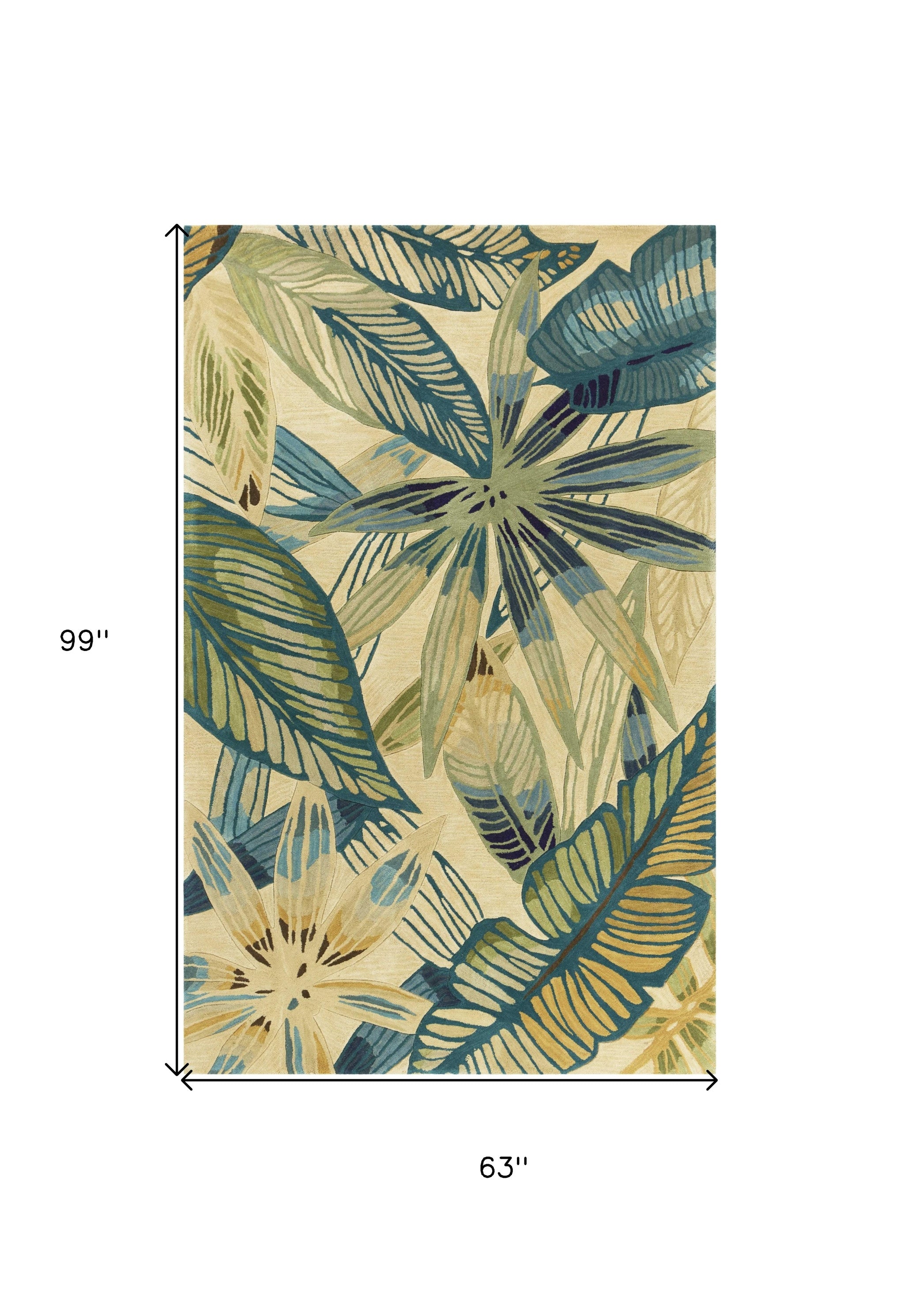 5' X 8' Ivory Teal And Green Wool Tropical Botanical Hand Tufted Area Rug-Area Rugs-DECOROLALA