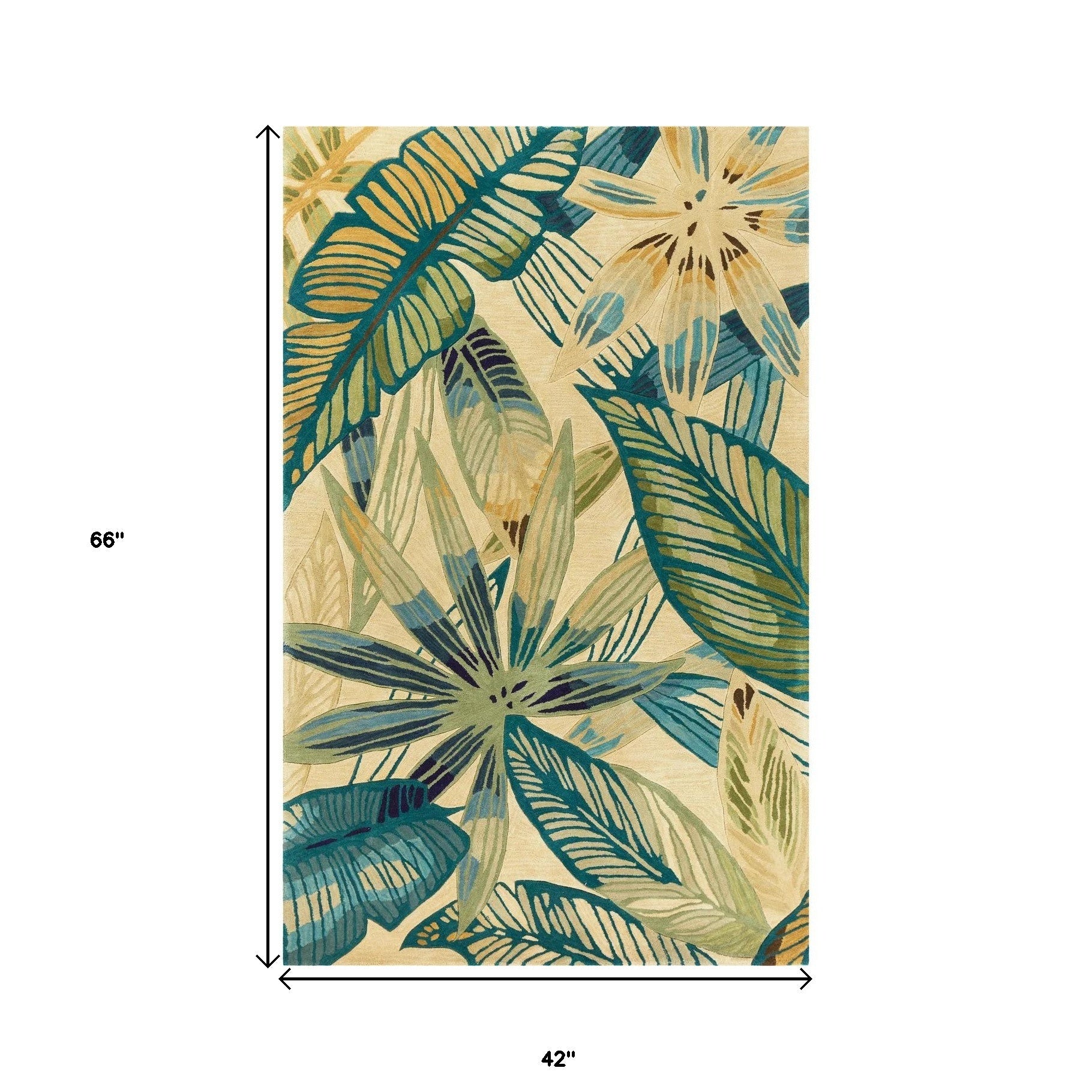 5' X 8' Ivory Teal And Green Wool Tropical Botanical Hand Tufted Area Rug-Area Rugs-DECOROLALA
