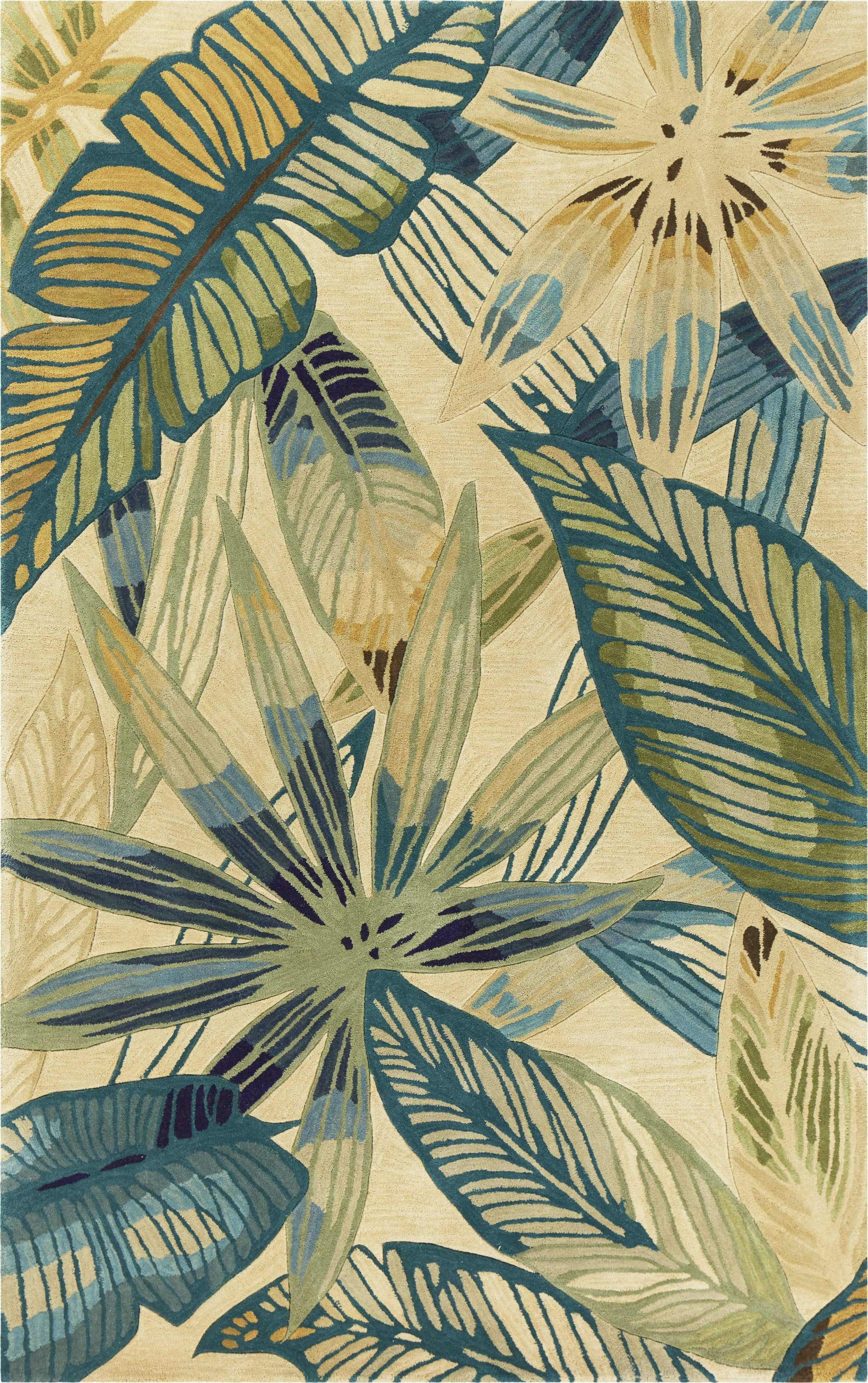 5' X 8' Ivory Teal And Green Wool Tropical Botanical Hand Tufted Area Rug-Area Rugs-DECOROLALA