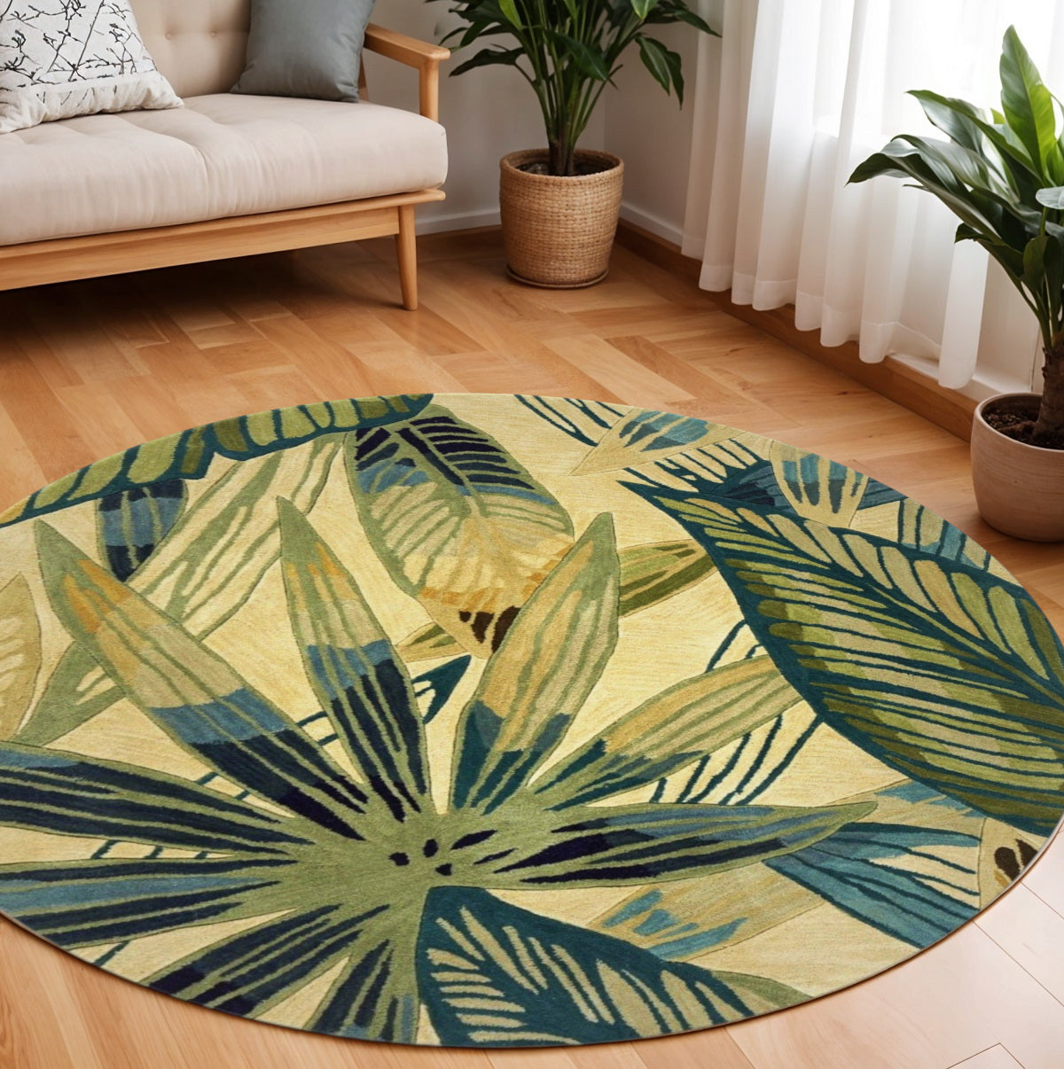 5' X 8' Ivory Teal And Green Wool Tropical Botanical Hand Tufted Area Rug-Area Rugs-DECOROLALA