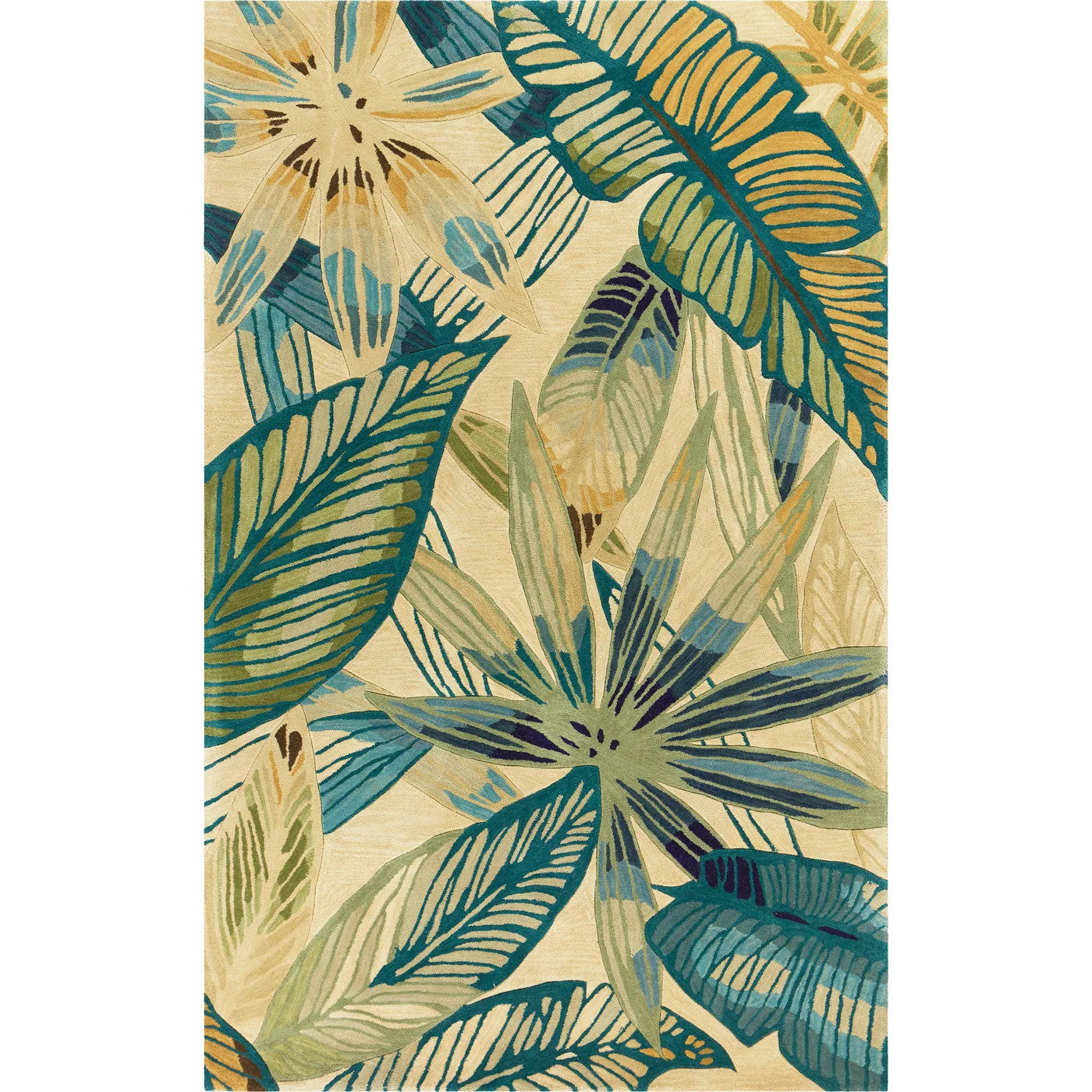 5' X 8' Ivory Teal And Green Wool Tropical Botanical Hand Tufted Area Rug-Area Rugs-DECOROLALA